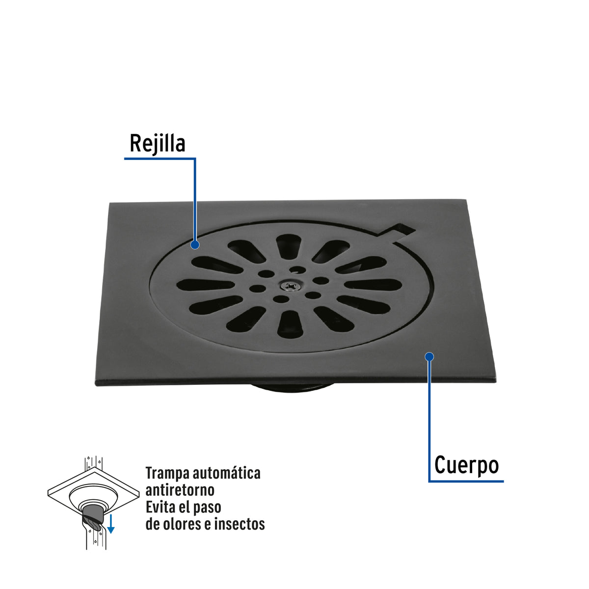 Resumidero cuadrado 6'x 6', latón, negro, Foset Aqua