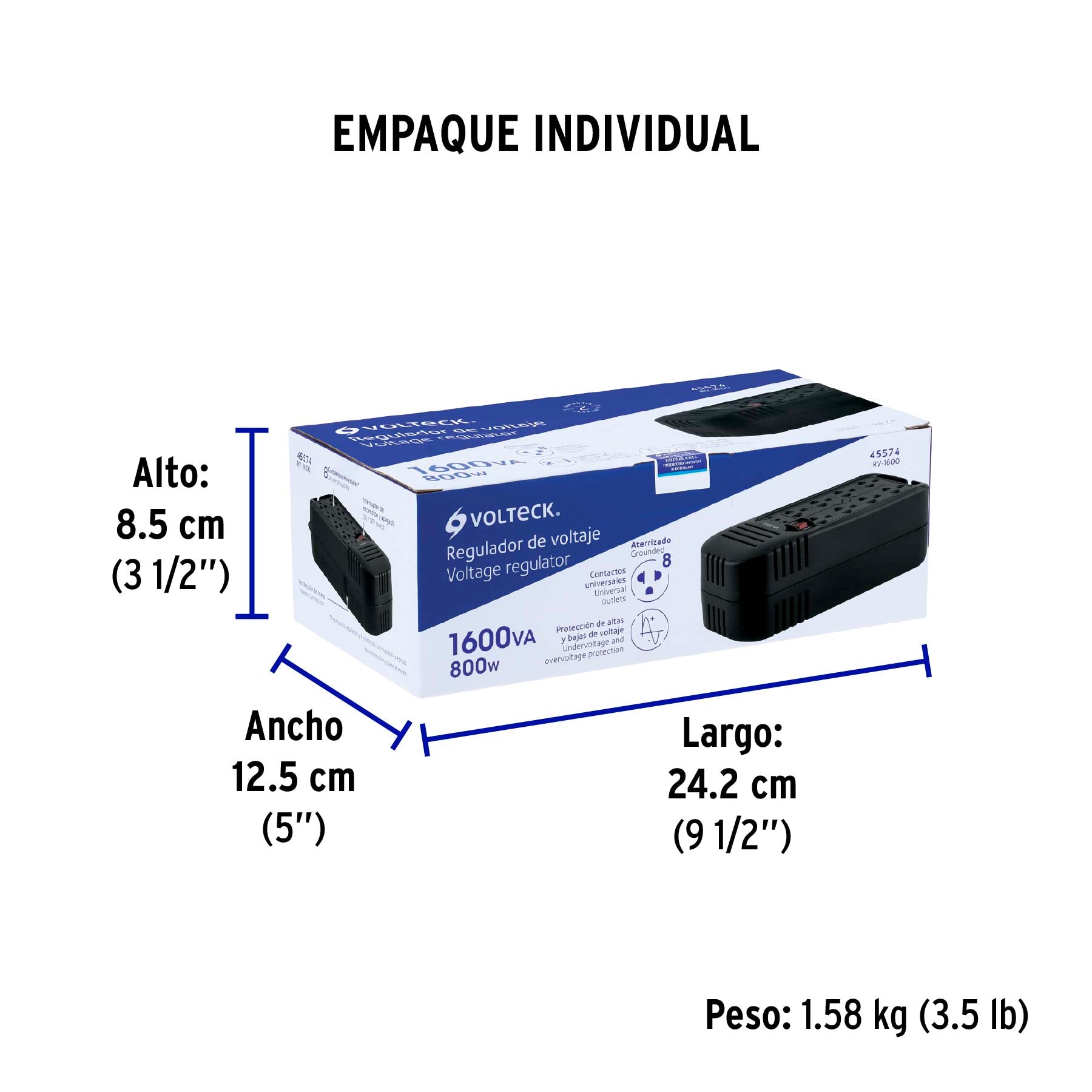 Regulador de voltaje de 1600 VA / 800 W 8 contactos, Volteck