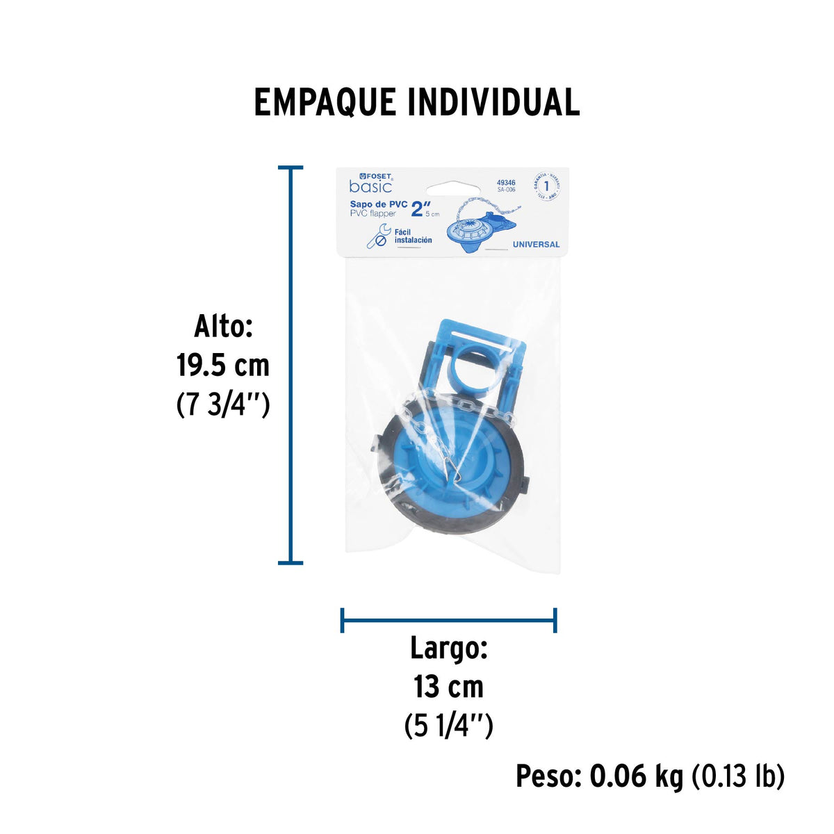 Sapo para WC, PVC azul con cadena plástica, 2"
