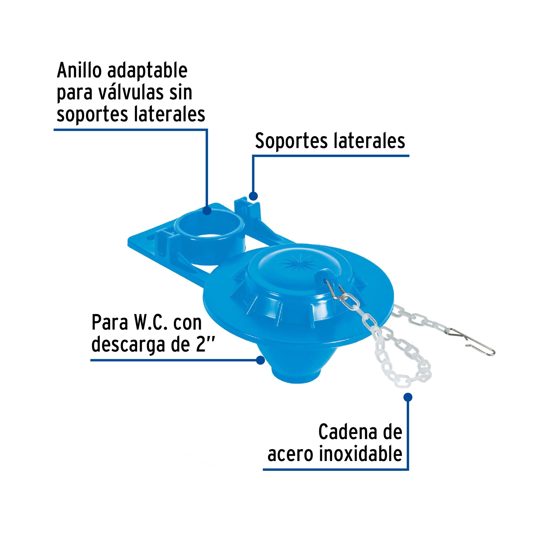 Sapo para WC, PVC azul con cadena plástica, 2"
