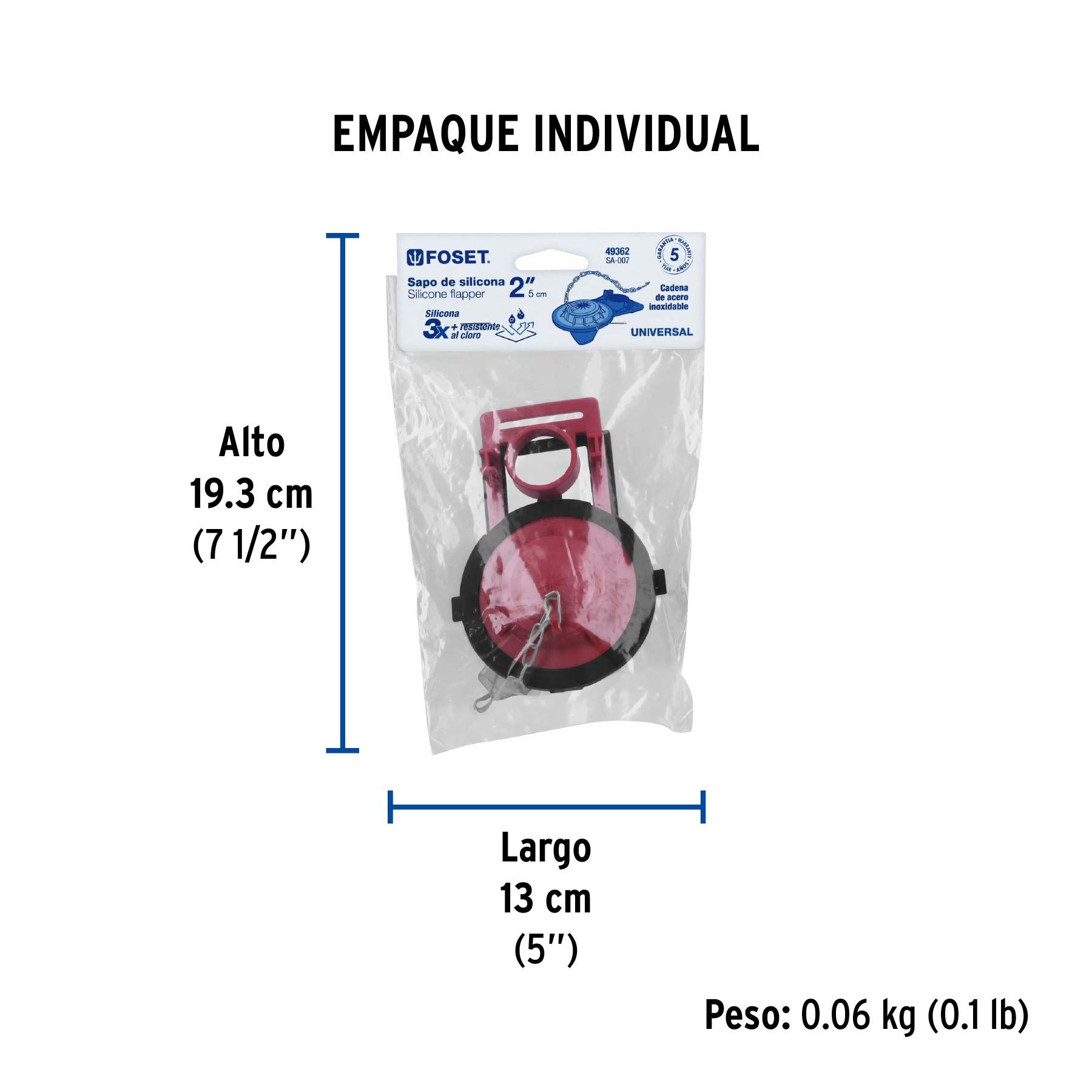 Sapo para WC, silicona azul ajustable, cadena inoxidable, 2"