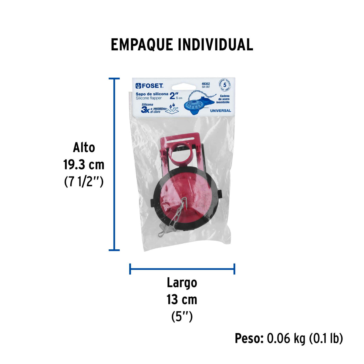 Sapo para WC, silicona azul ajustable, cadena inoxidable, 2"