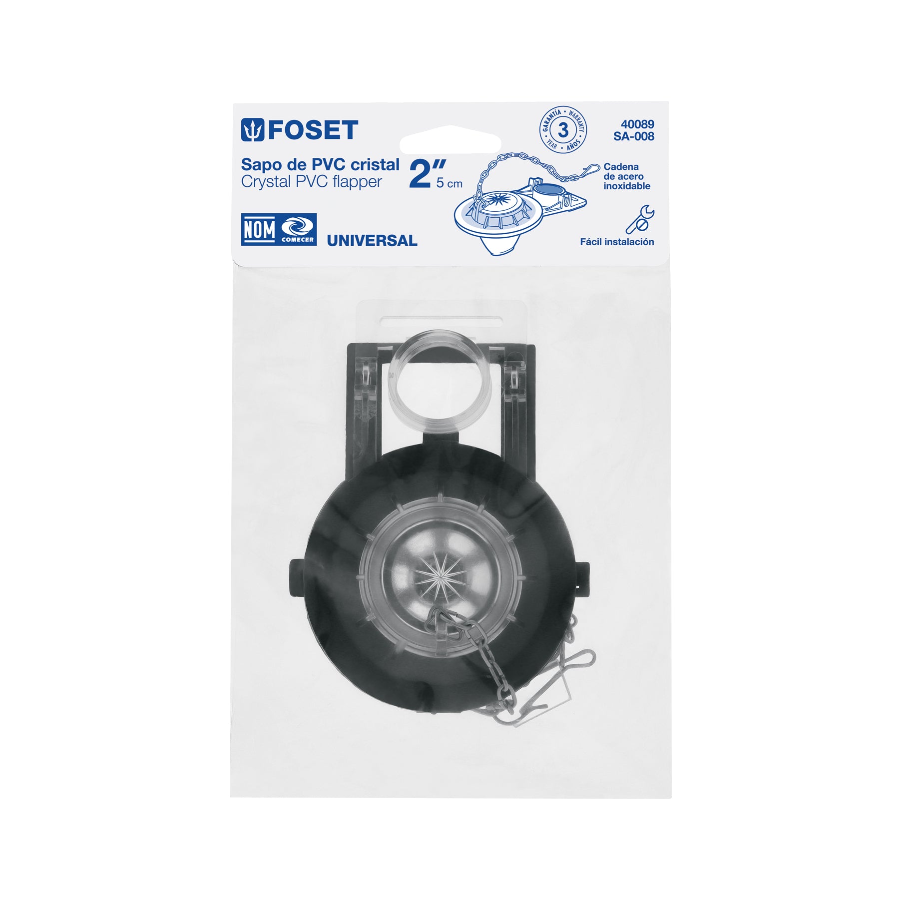 Sapo para WC, PVC transparente con cadena inoxidable, 2"