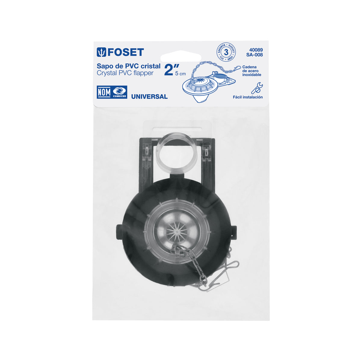 Sapo para WC, PVC transparente con cadena inoxidable, 2"