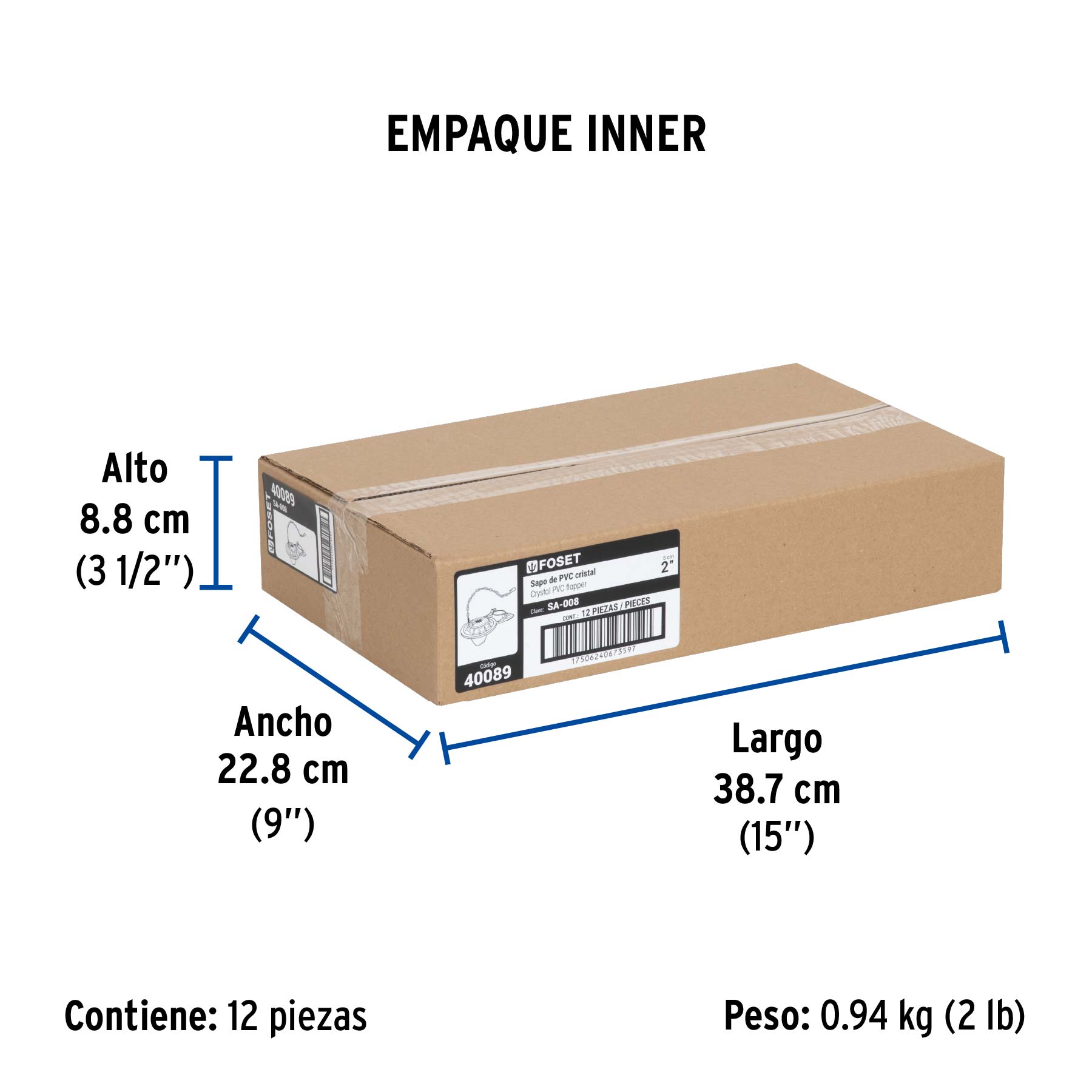 Sapo para WC, PVC transparente con cadena inoxidable, 2"