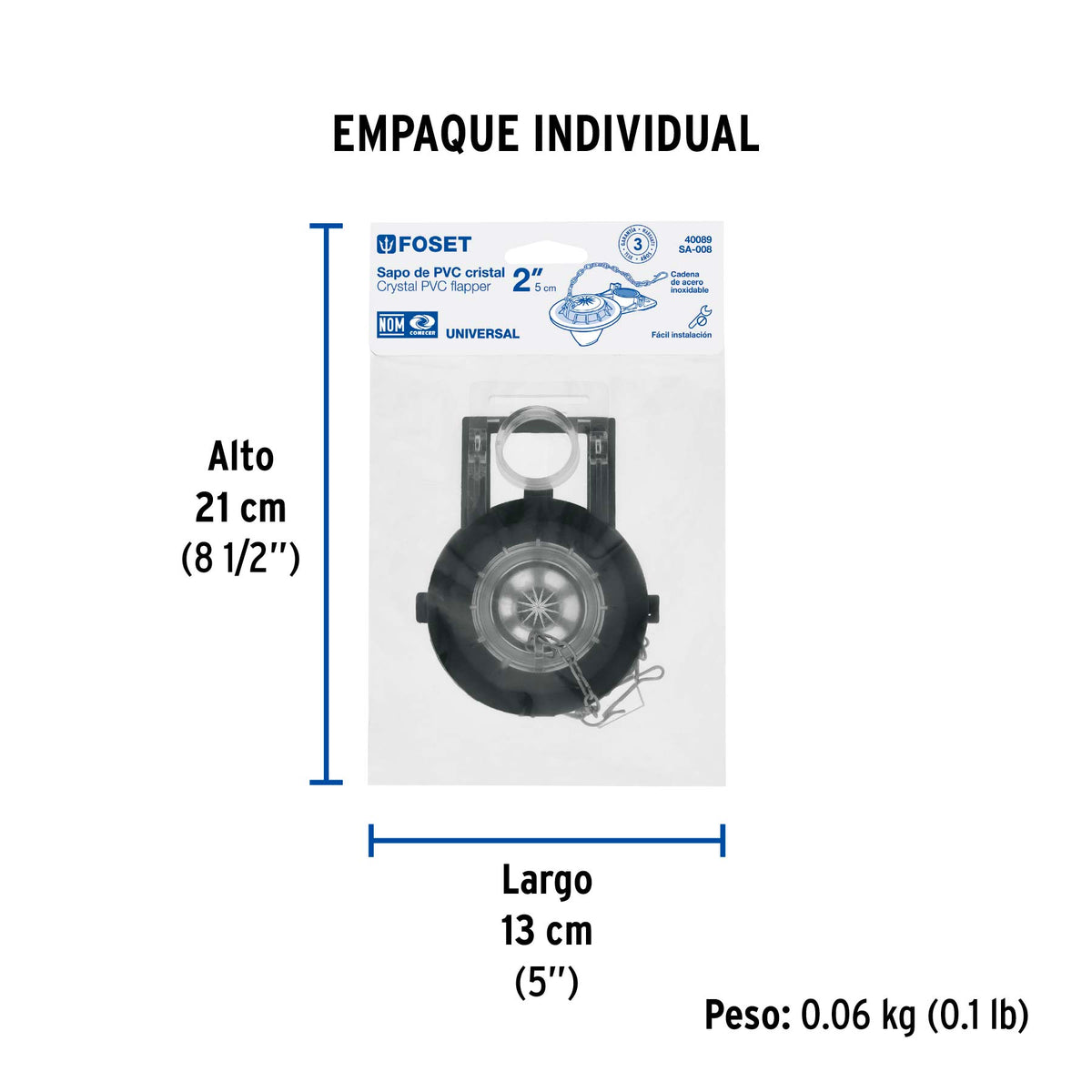 Sapo para WC, PVC transparente con cadena inoxidable, 2"