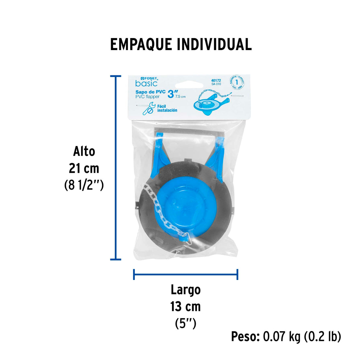 Sapo de 3' de PVC para WC, azul, con cadena de acero inox