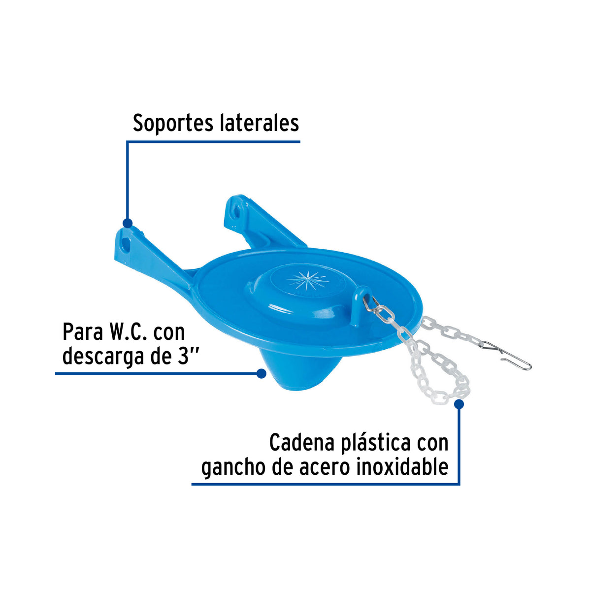 Sapo de 3' de PVC para WC, azul, con cadena de acero inox