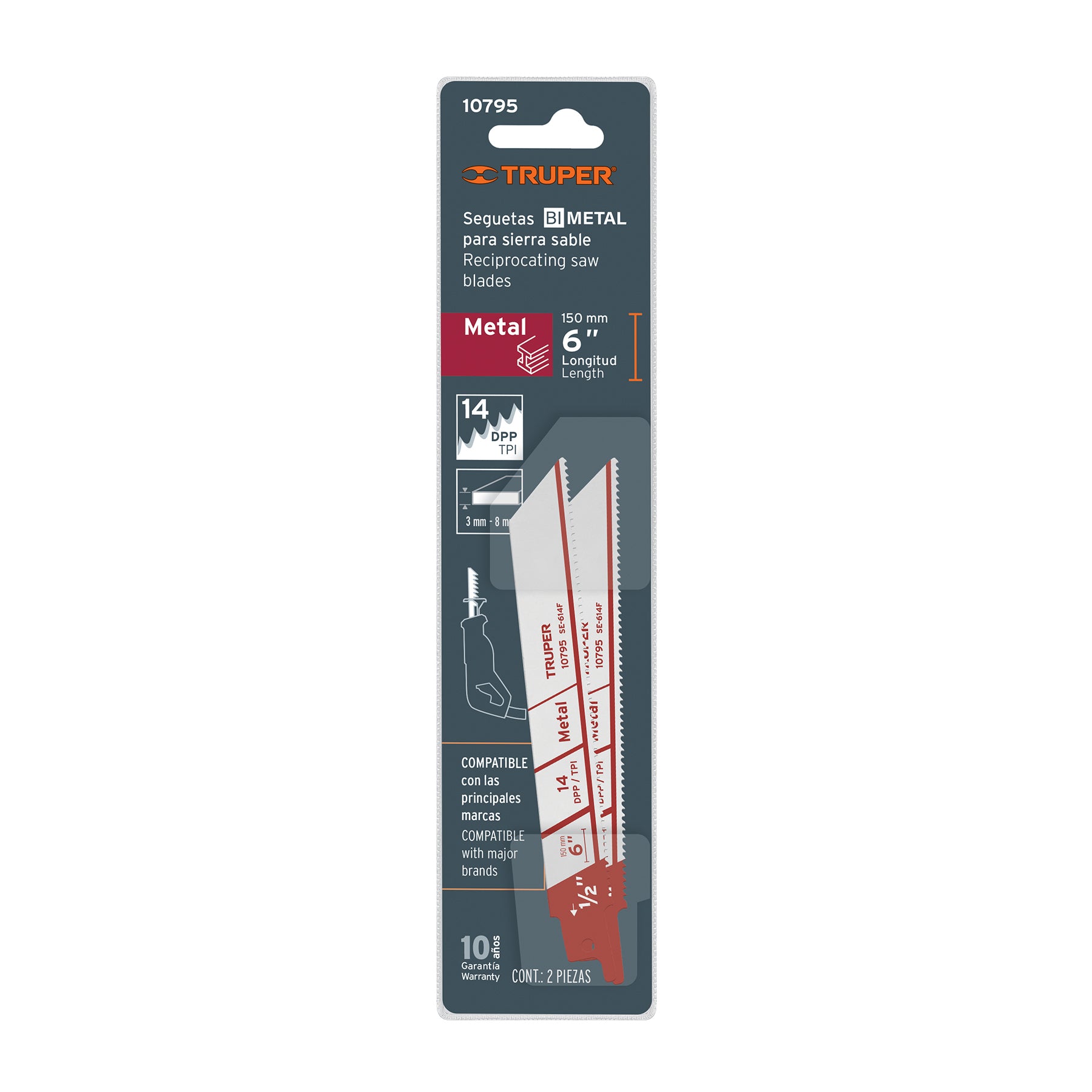 Segueta sierra sable, 6", 14 DPP, recta para metales, 2 pzas