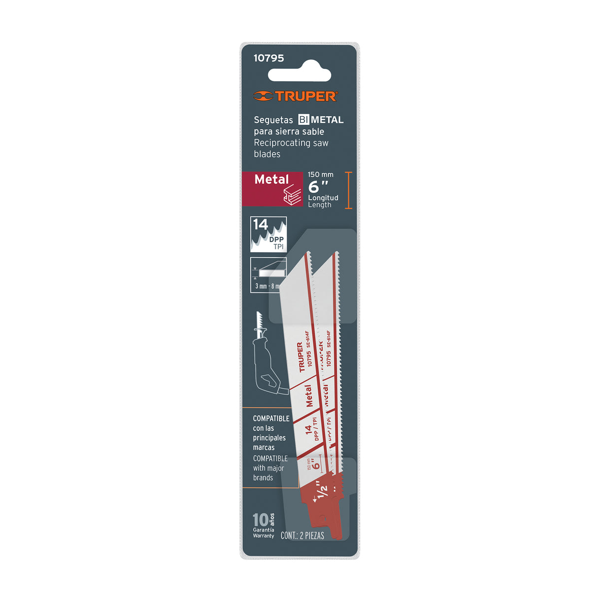 Segueta sierra sable, 6", 14 DPP, recta para metales, 2 pzas