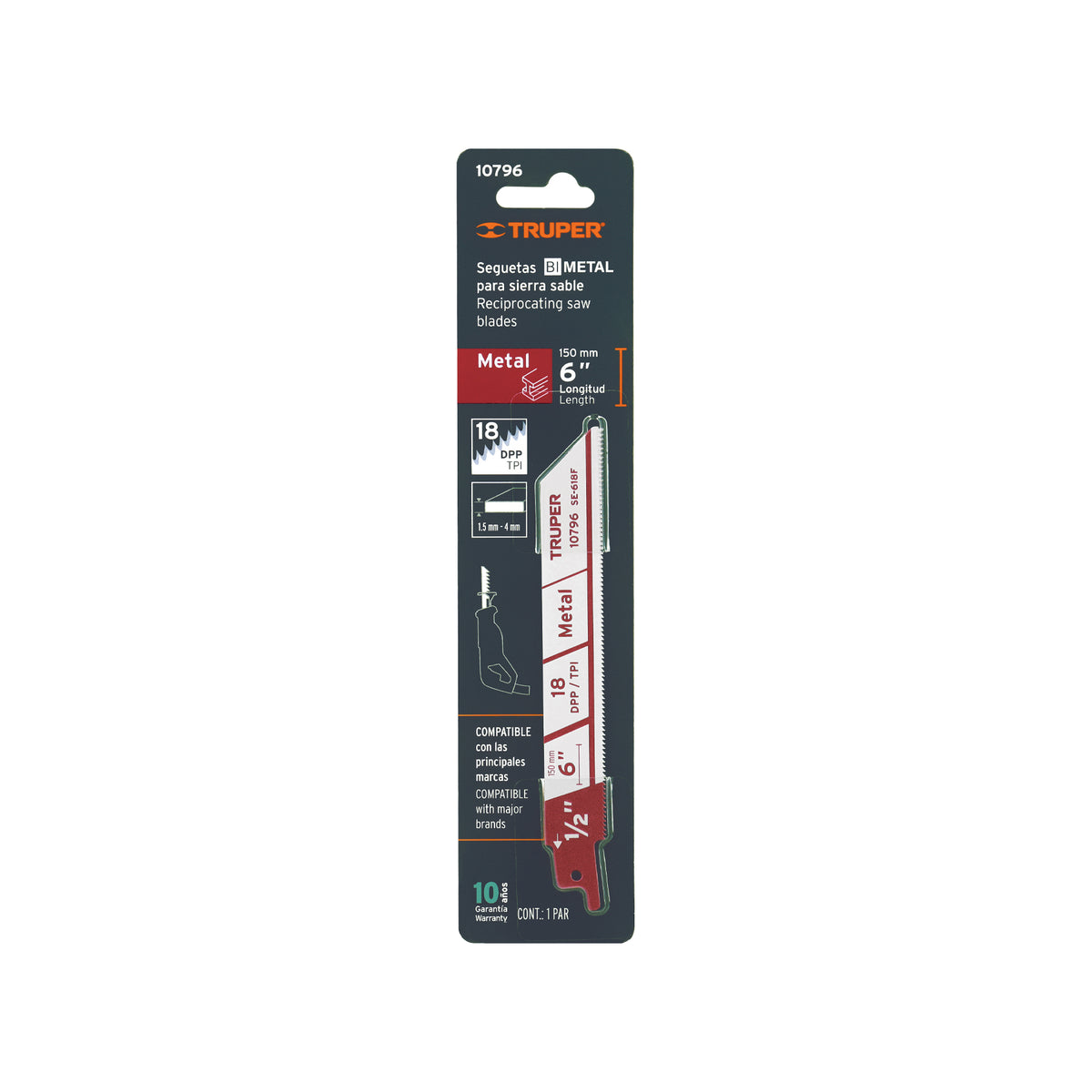 Segueta sierra sable, 6", 18 DPP, recta para metales, 2 pzas
