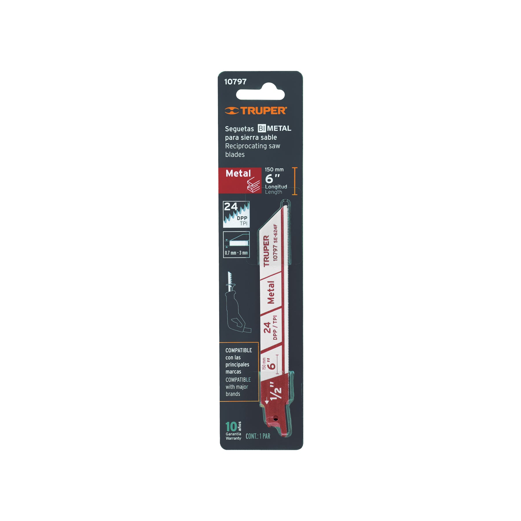 Segueta sierra sable, 6", 24 DPP, recta para metales, 2 pzas
