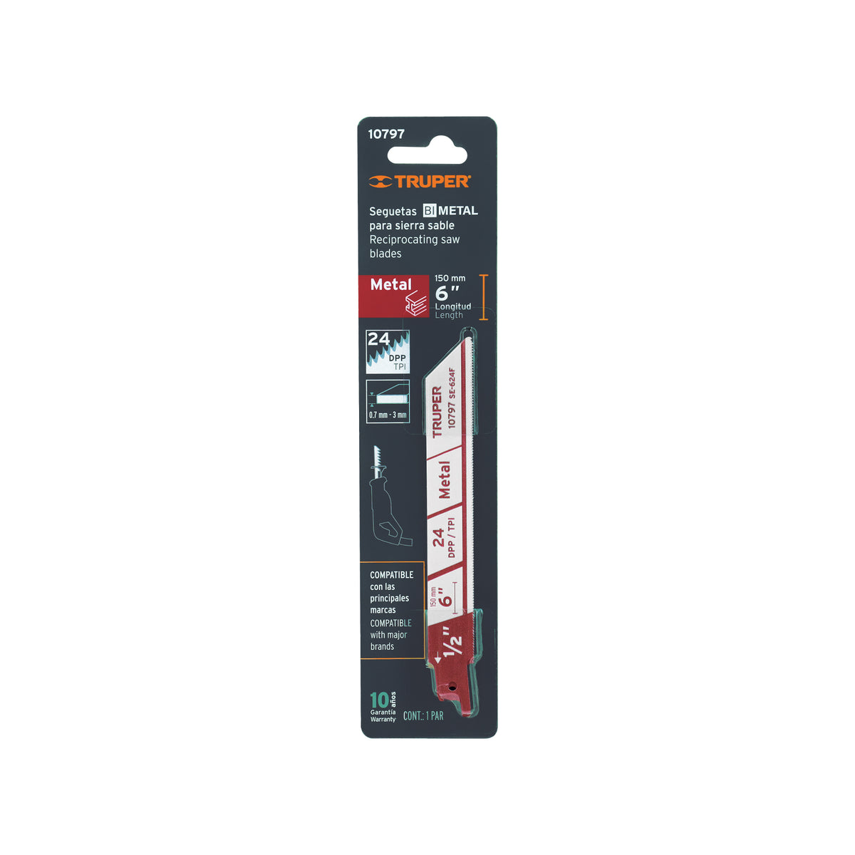 Segueta sierra sable, 6", 24 DPP, recta para metales, 2 pzas