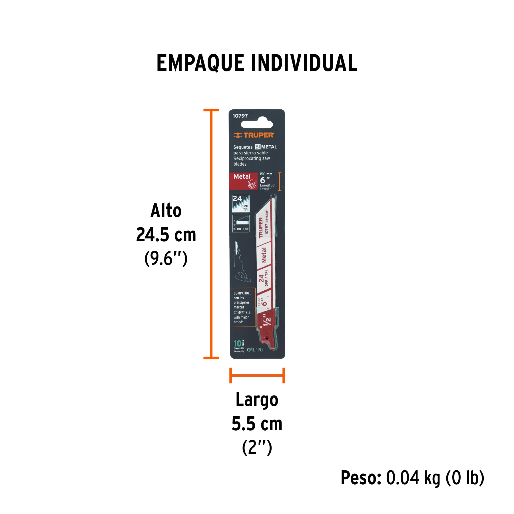 Segueta sierra sable, 6", 24 DPP, recta para metales, 2 pzas