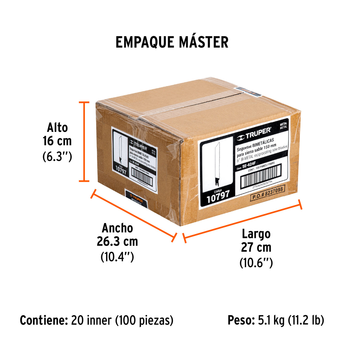 Segueta sierra sable, 6", 24 DPP, recta para metales, 2 pzas