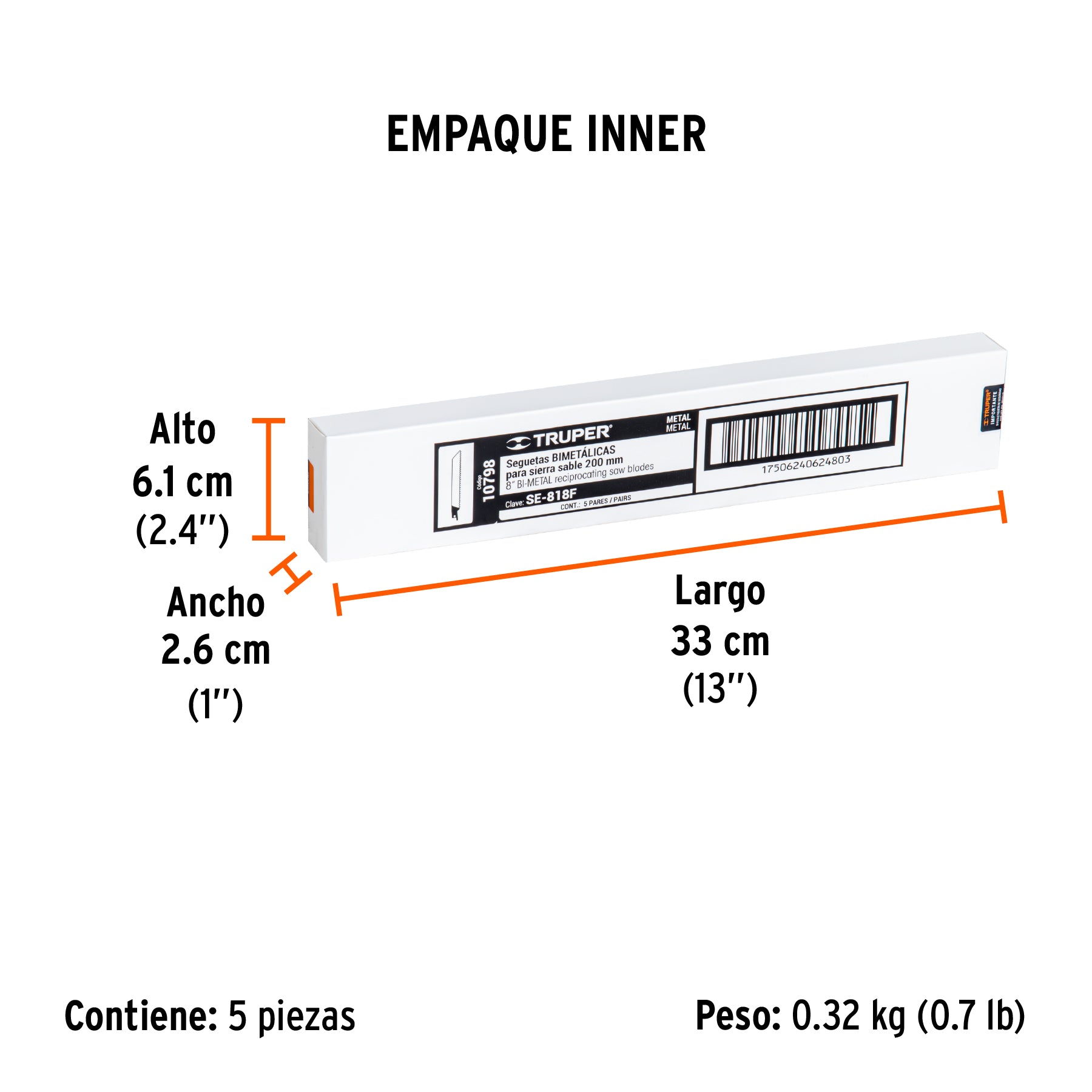 Segueta sierra sable, 8", 18 DPP, recta para metales, 2 pzas