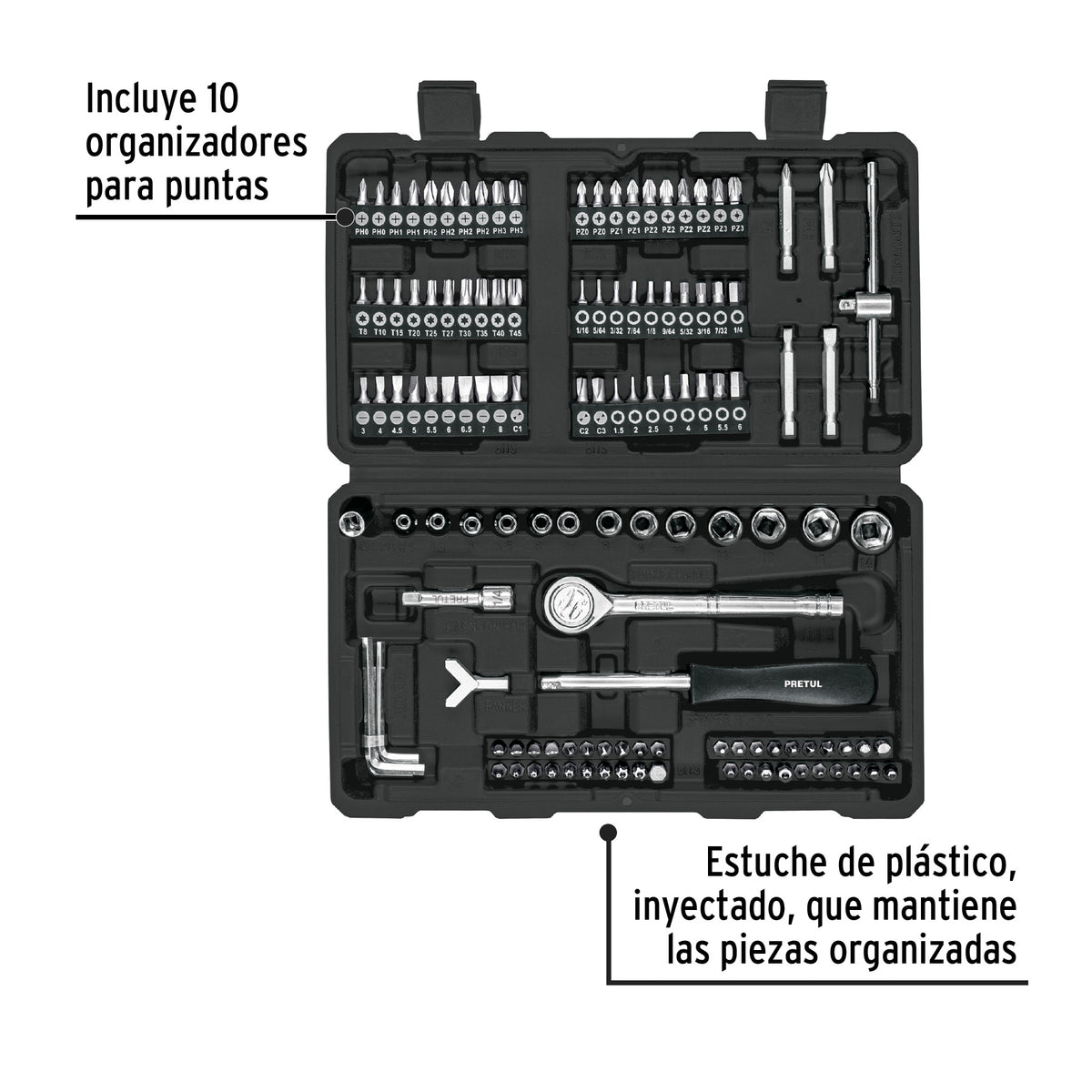 Juego de 130 herramientas 1/4' para mecánico, Pretul