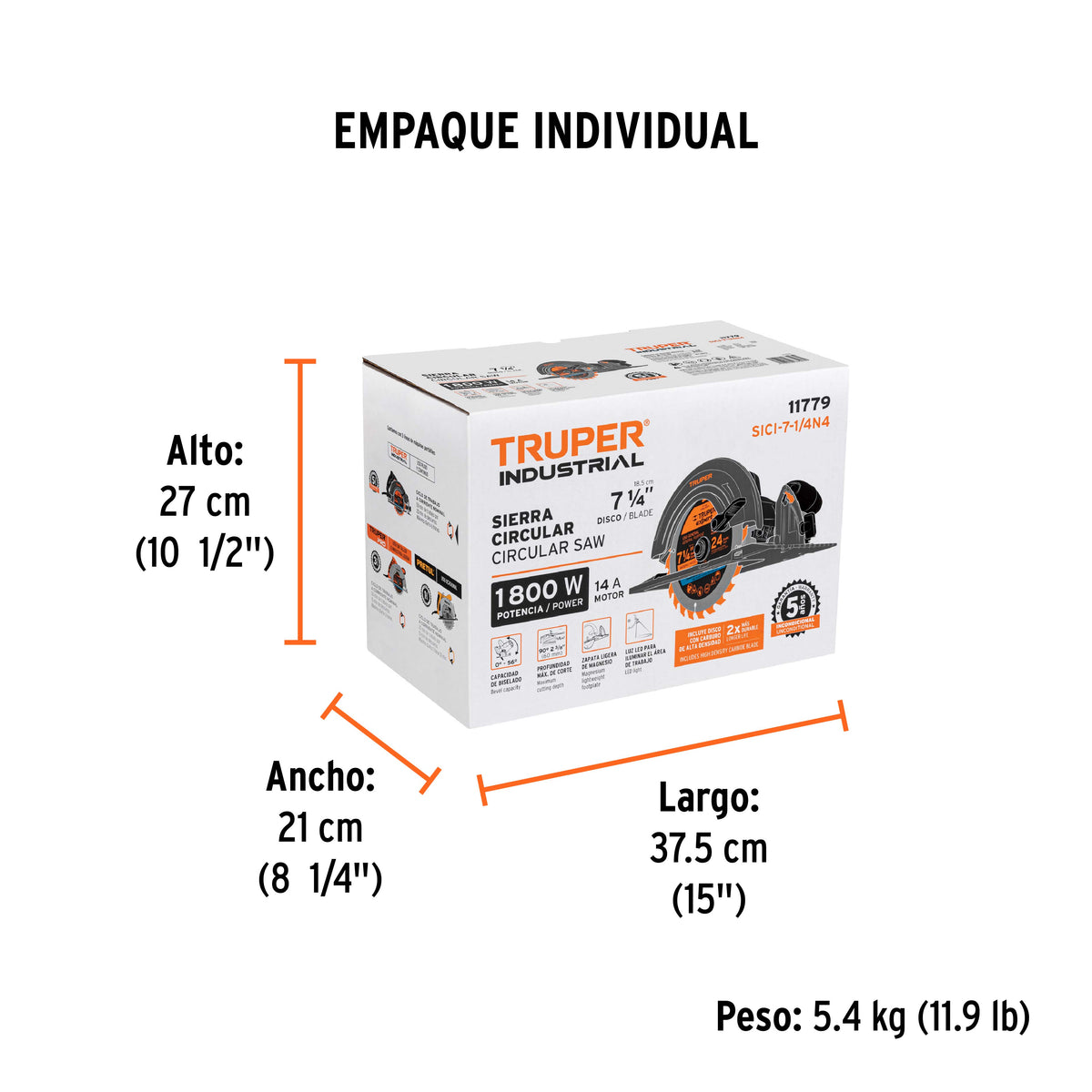 Sierra circular 7-1/4", 1800W, TRUPER INDUSTRIAL
