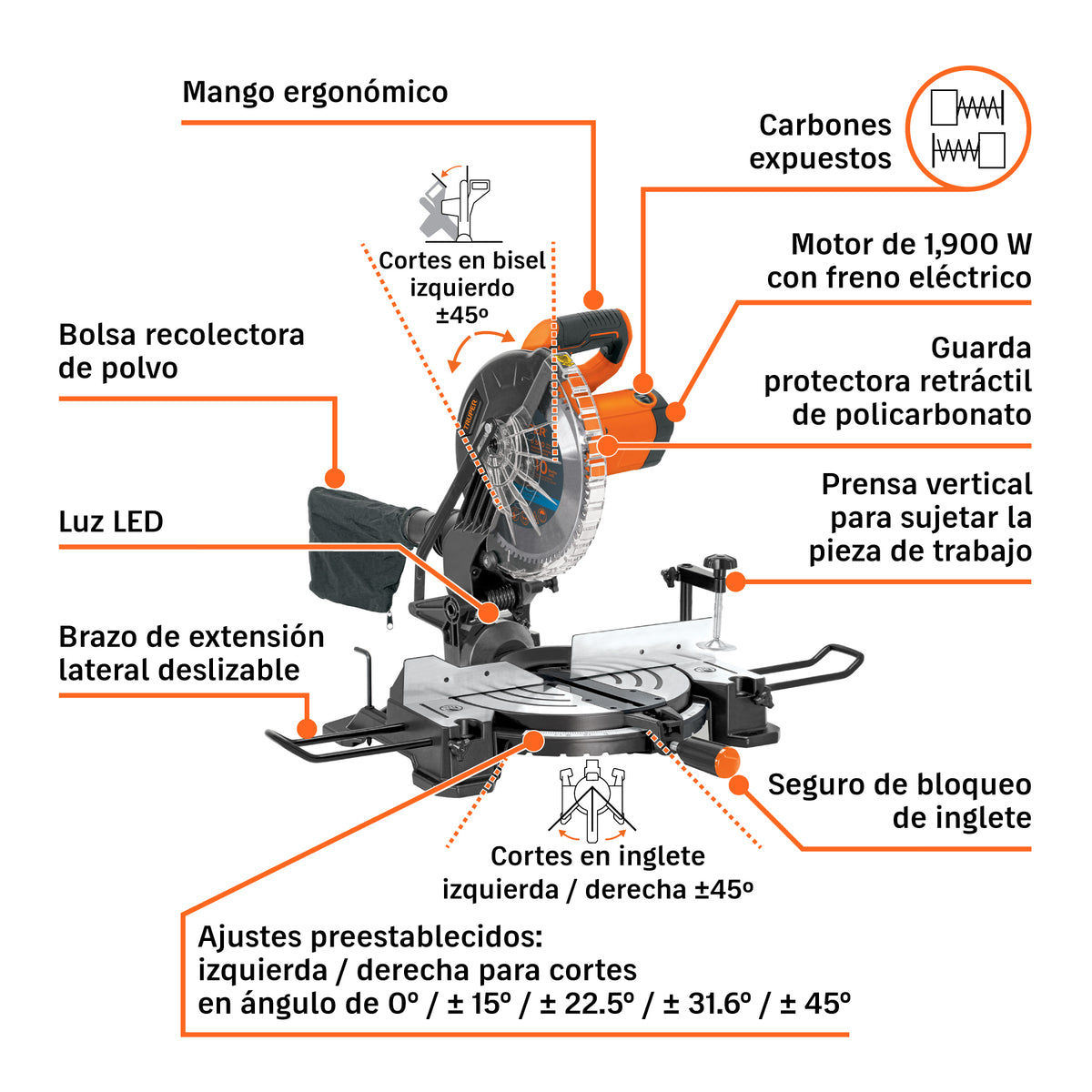 Sierra de inglete 10', 1800 W compuesta, Truper