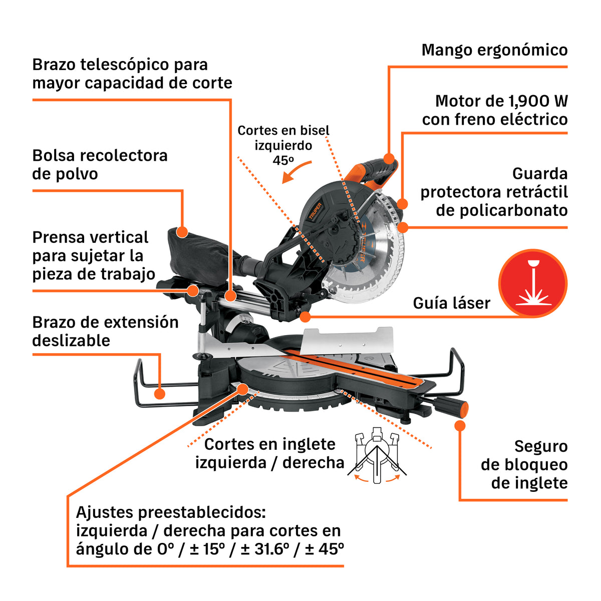 Sierra de inglete telescópica compuesta de 10"