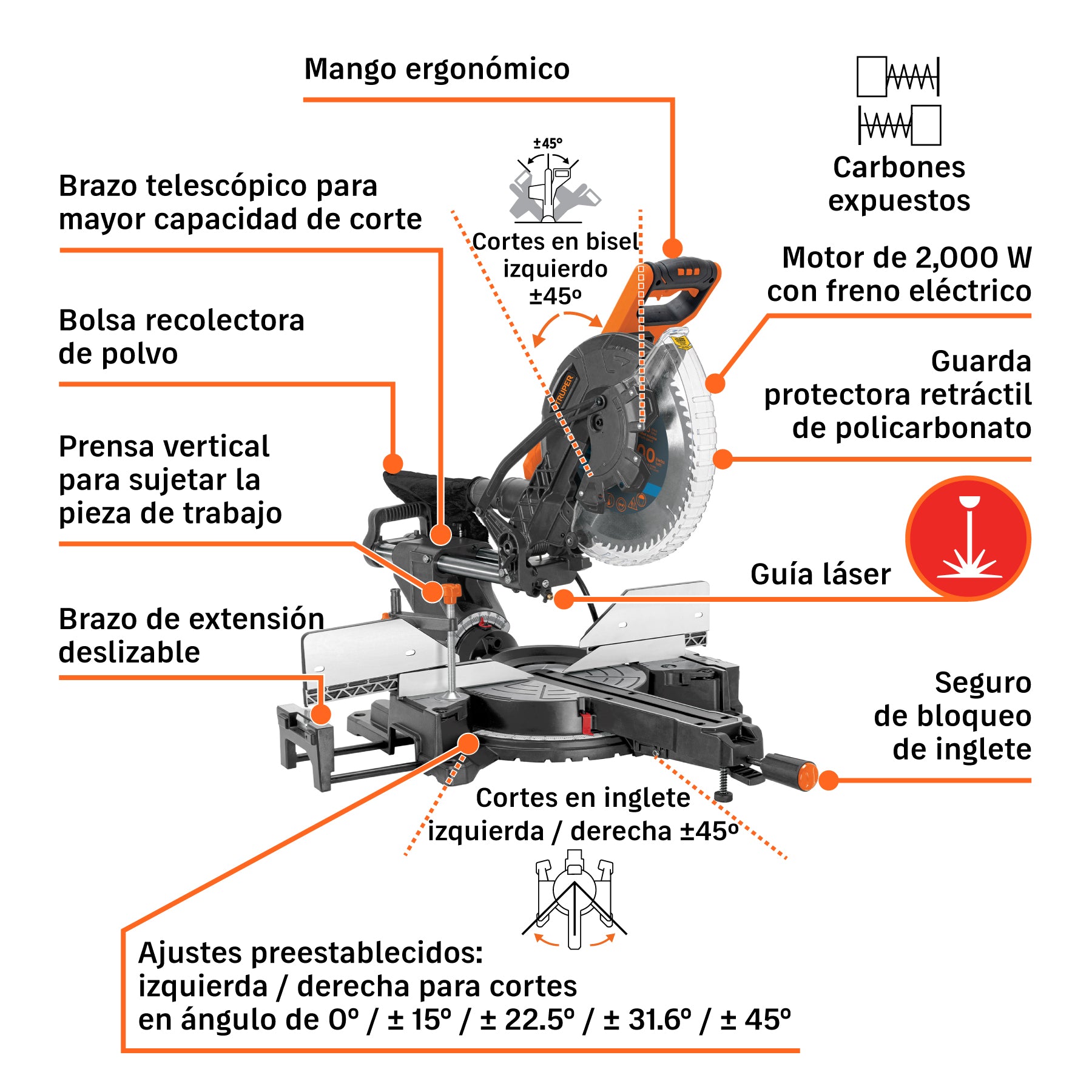 Sierra de inglete 12', 2000 W telescópica compuesta, Truper