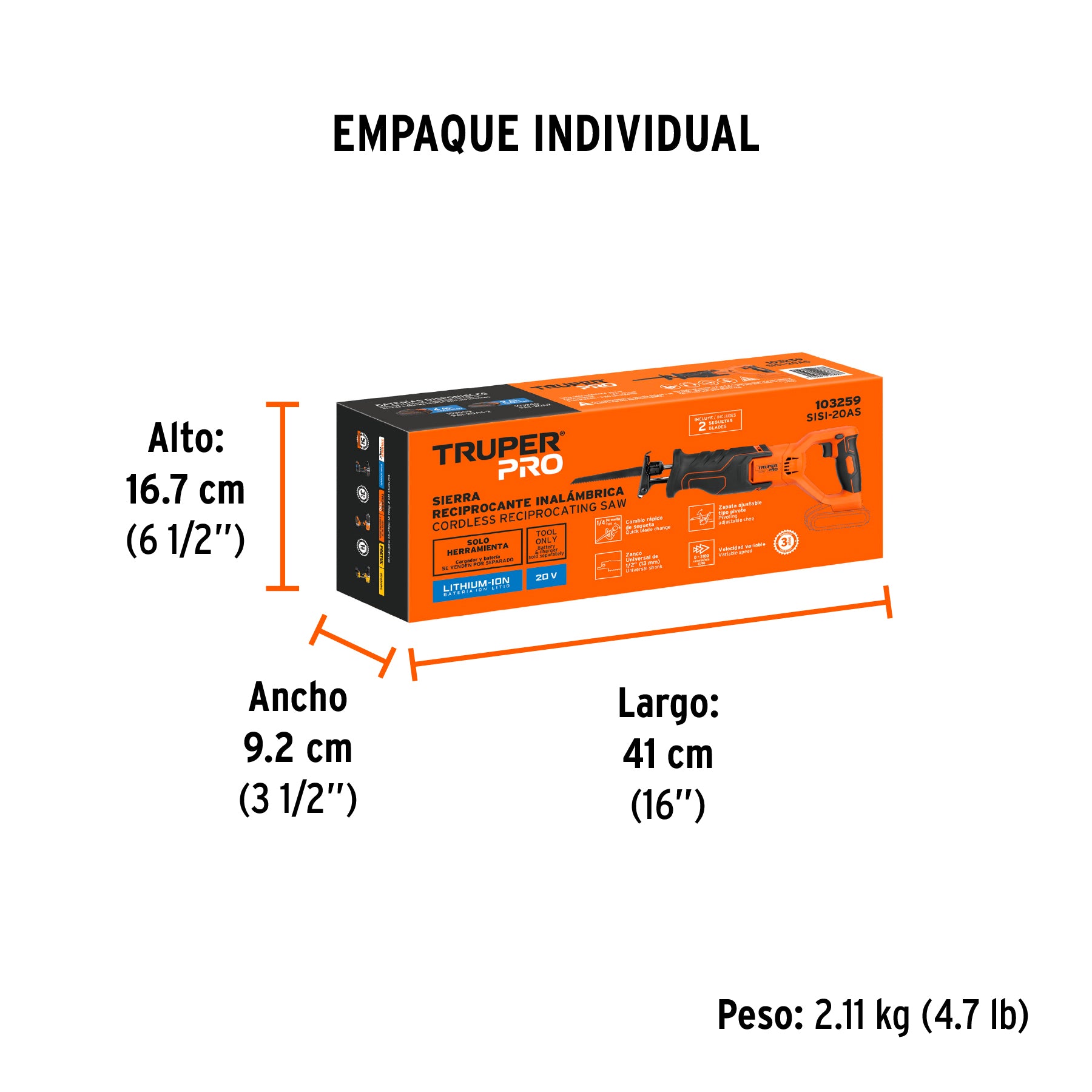 Sierra sable inal. 20V, s/accesorios, TRUPER PRO