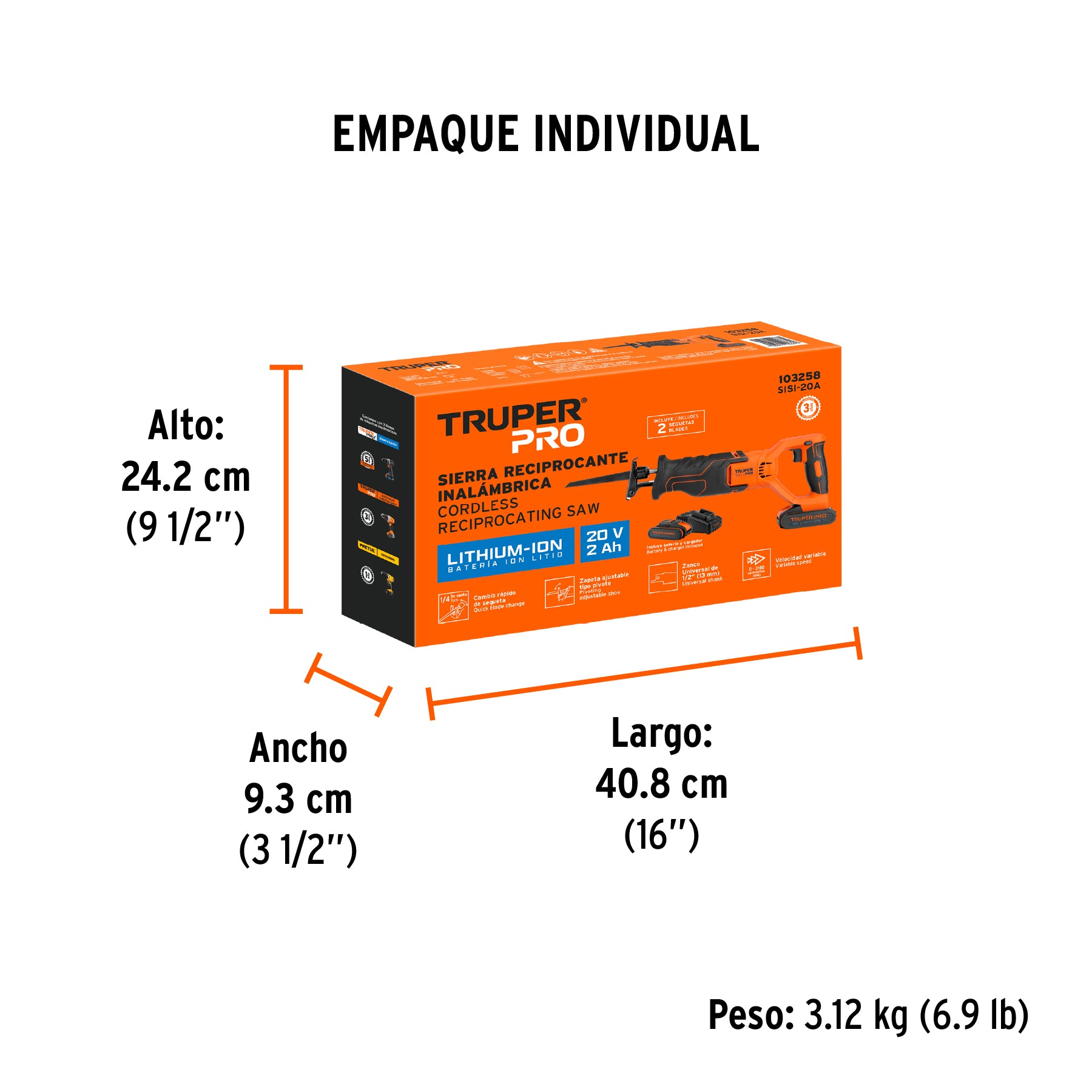 Sierra sable inal. 20V, 1 bat. 2Ah, 1 carg. TRUPER PRO
