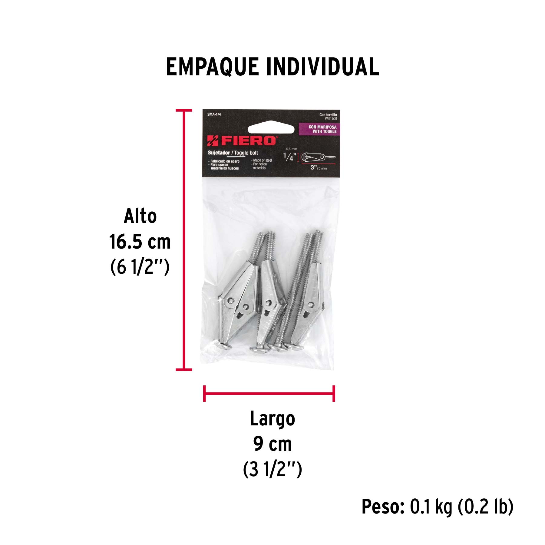 Sujetador tipo mariposa 1/4 X 3", bolsa 4 piezas
