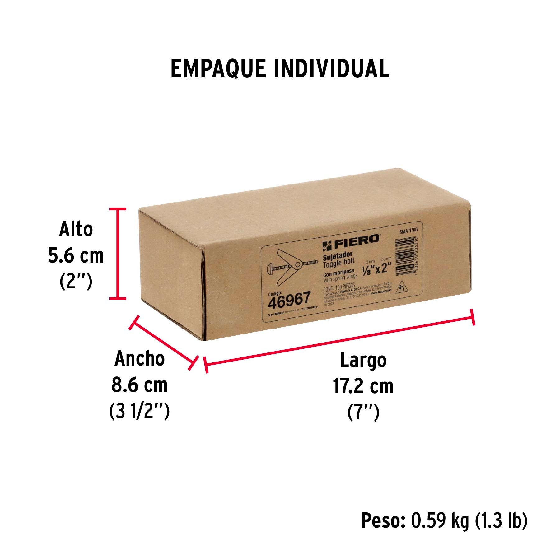 Caja con 100 sujetadores tipo mariposa de 1/8' x 2', Fiero