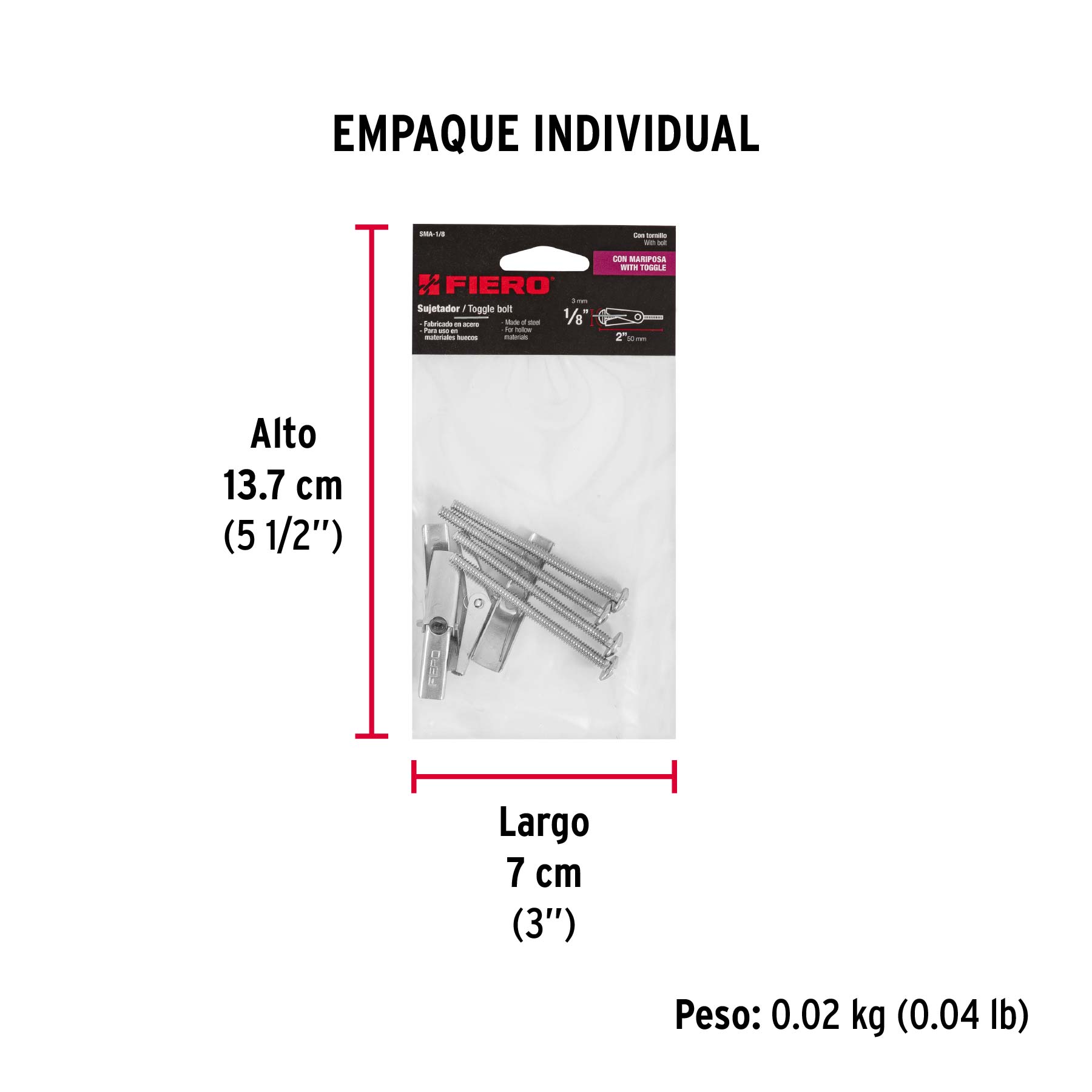Sujetador tipo mariposa 1/8 X 2", bolsa 4 piezas