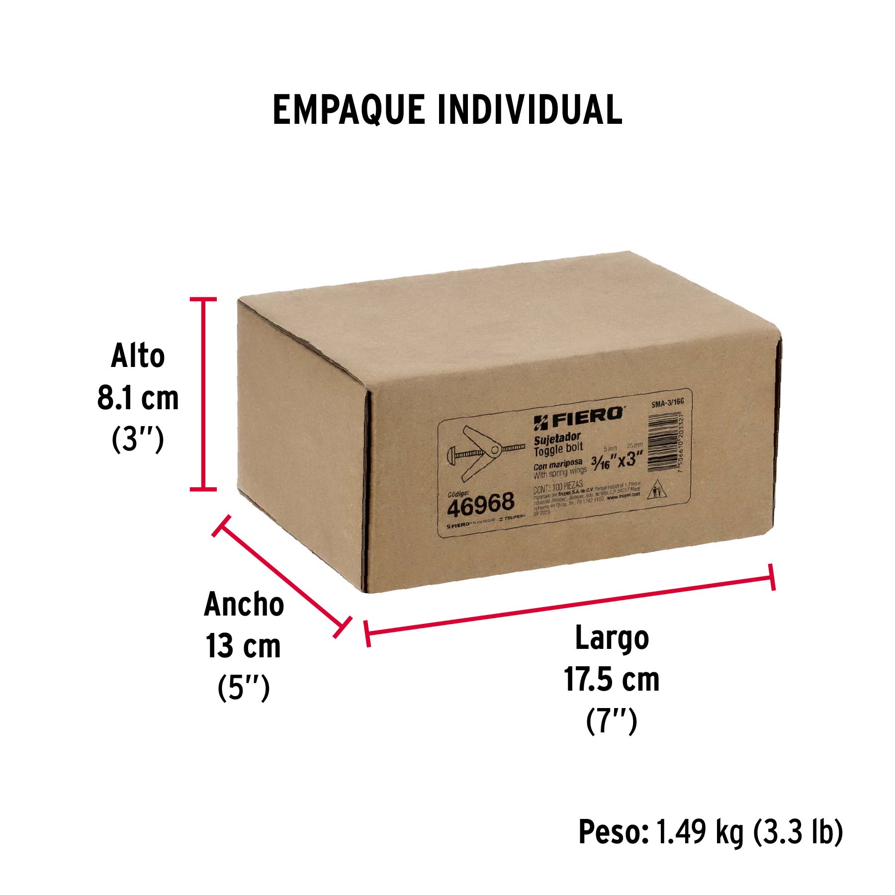 Caja con 100 sujetadores tipo mariposa de 3/16' x 3', Fiero