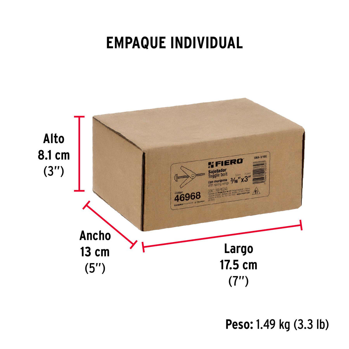 Caja con 100 sujetadores tipo mariposa de 3/16' x 3', Fiero