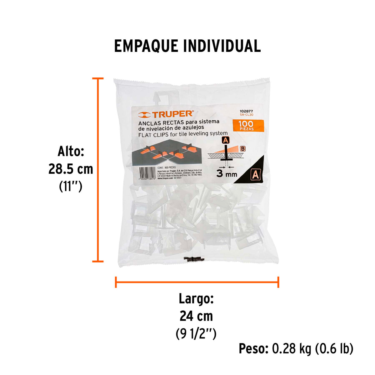 Bolsa con 100 anclas de 3 mm, para nivelación de azulejos