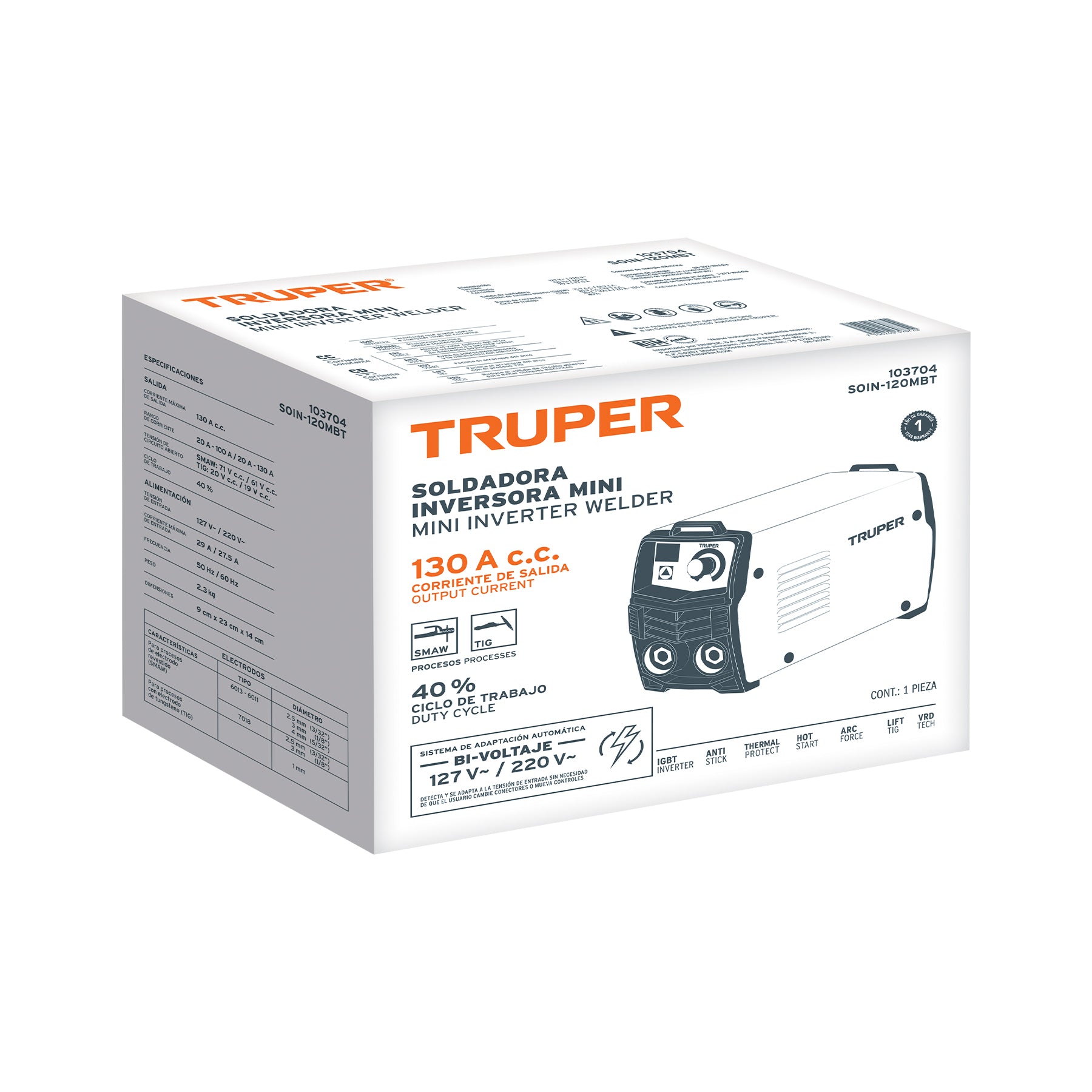 Mini soldadora inversora, 130A, bi-voltaje 127/220V, TRUPER