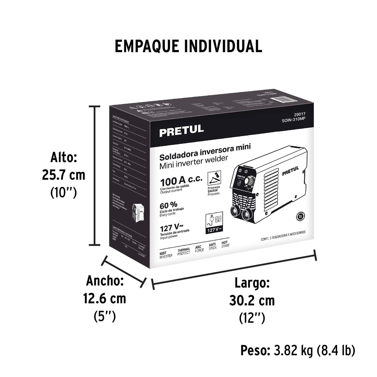 Mini soldadora inversora 100A, Serie 300, 127V, PRETUL