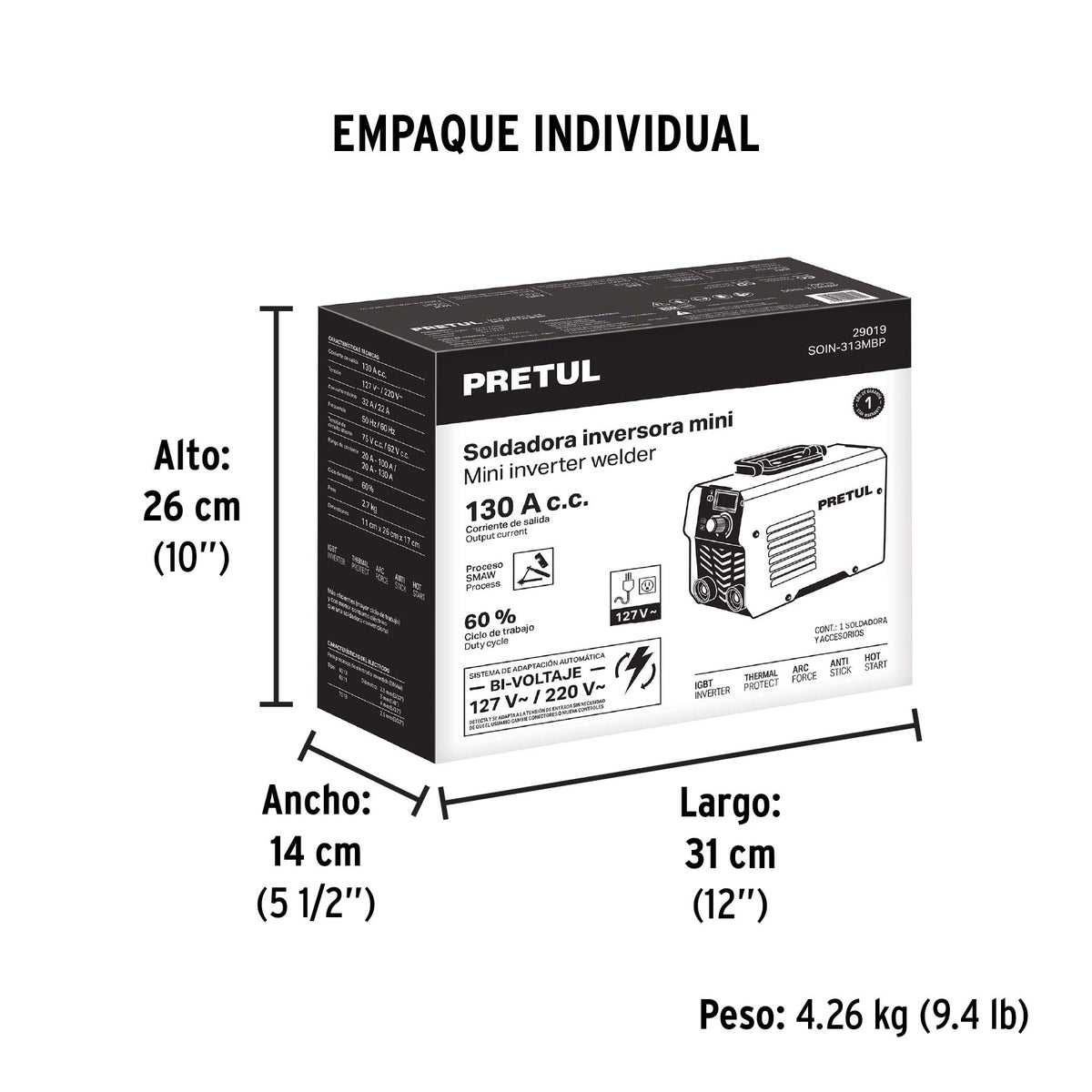 Mini soldadora inversora Bi-voltaje 130A, Serie 300, PRETUL