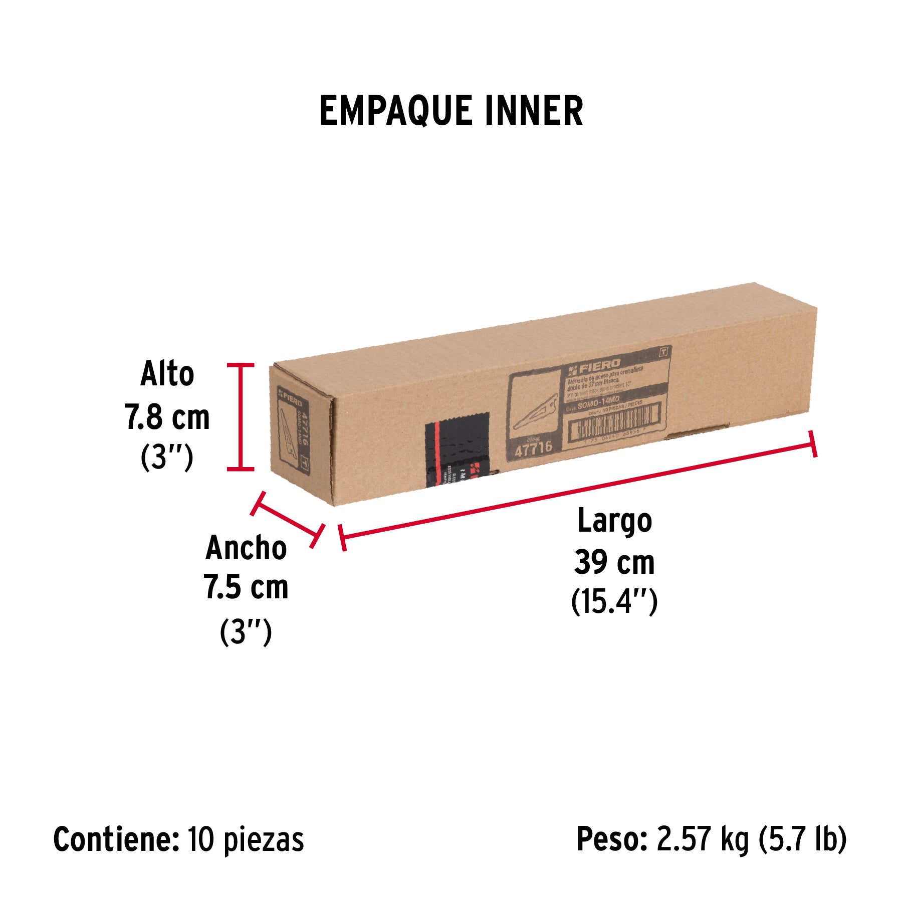 Ménsula plana blanca para cremallera doble, 37cm