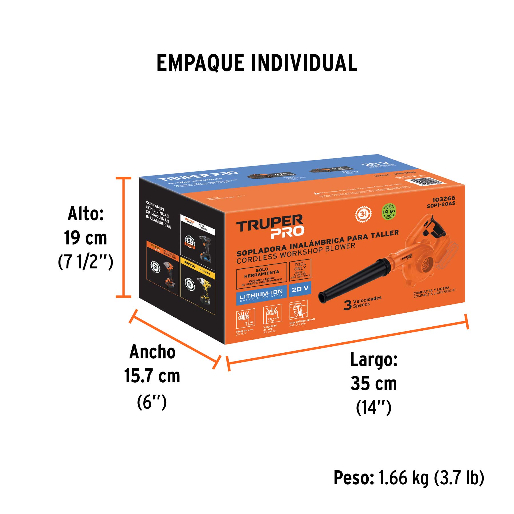 Sopladora inal. para taller 20V, s/accesorios, TRUPER PRO
