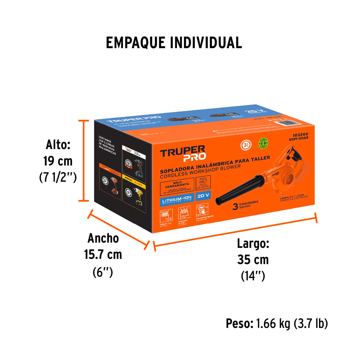Sopladora inal. para taller 20V, s/accesorios, TRUPER PRO