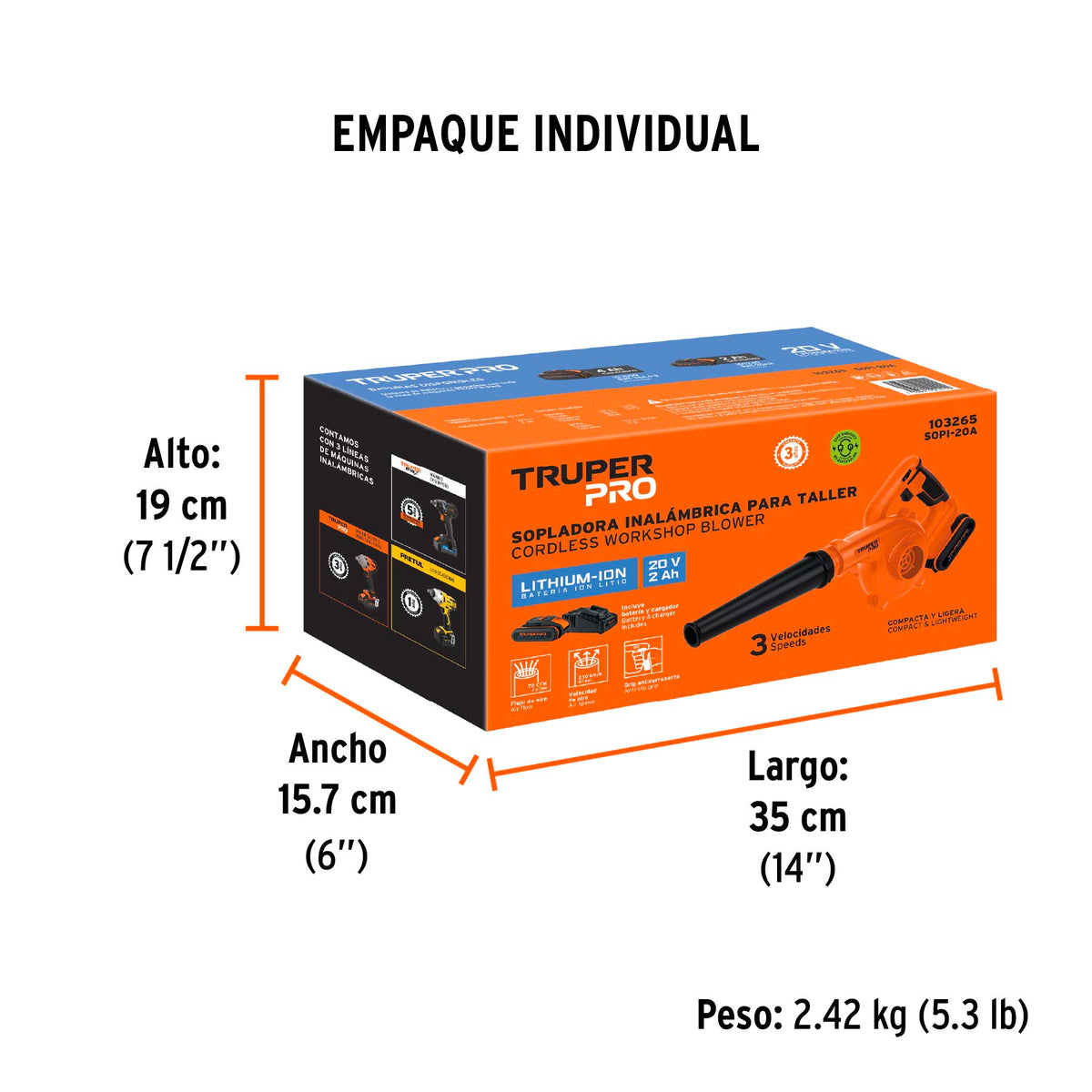 Sopladora inal. para taller 20V, 1 bat. 2Ah, 1 carg. PRO