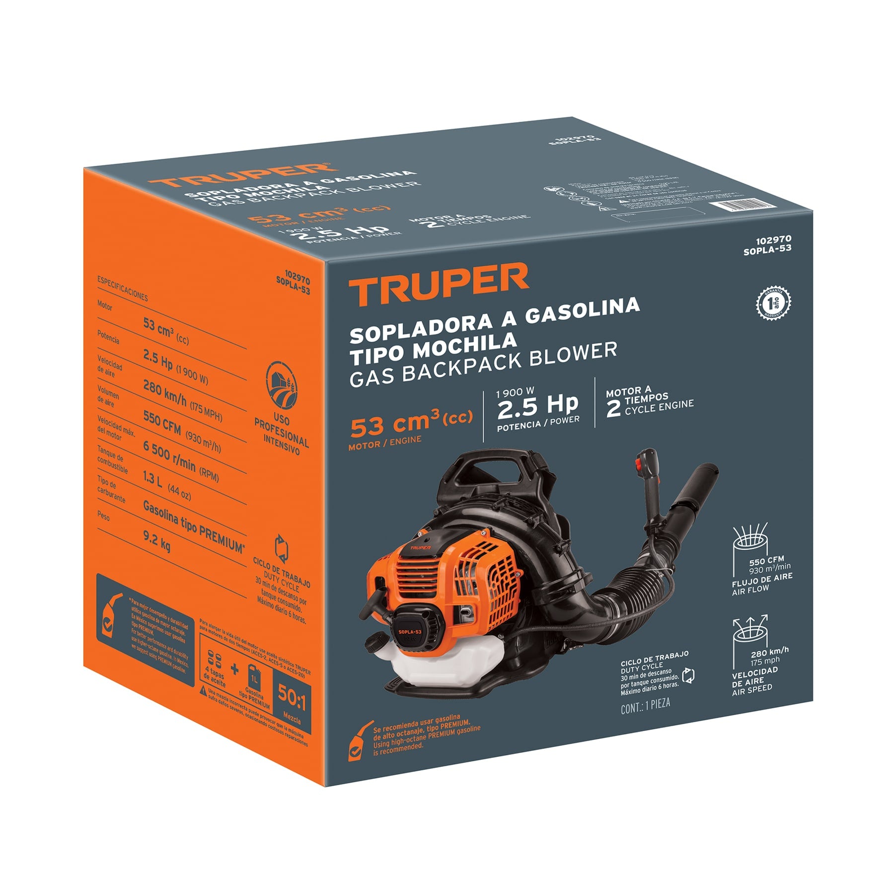 Sopladora con motor de 53cc a gasolina, tipo mochila, Truper