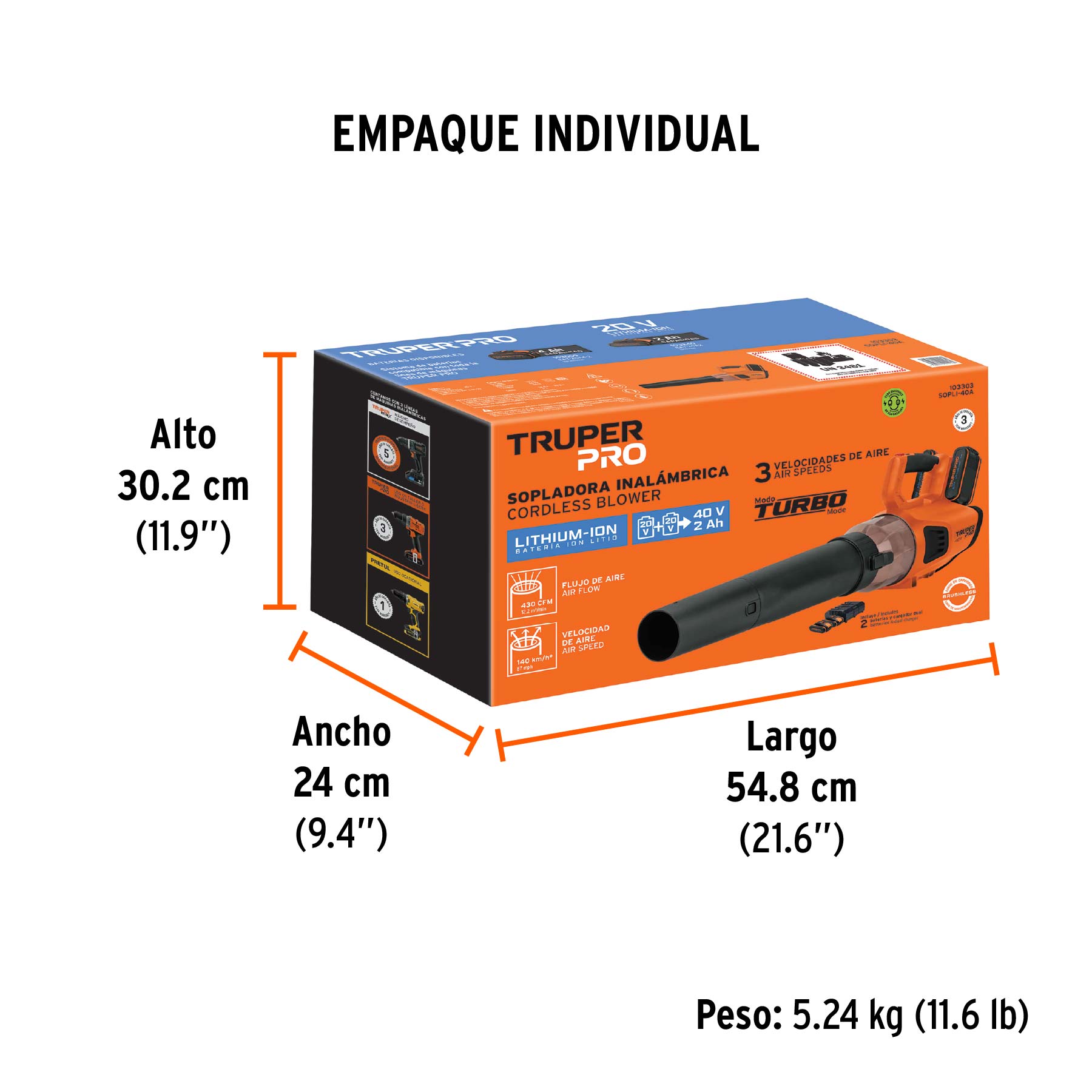 Sopladora inalámbrica 40V, 2 baterías 2Ah, 1 carg.dual, PRO