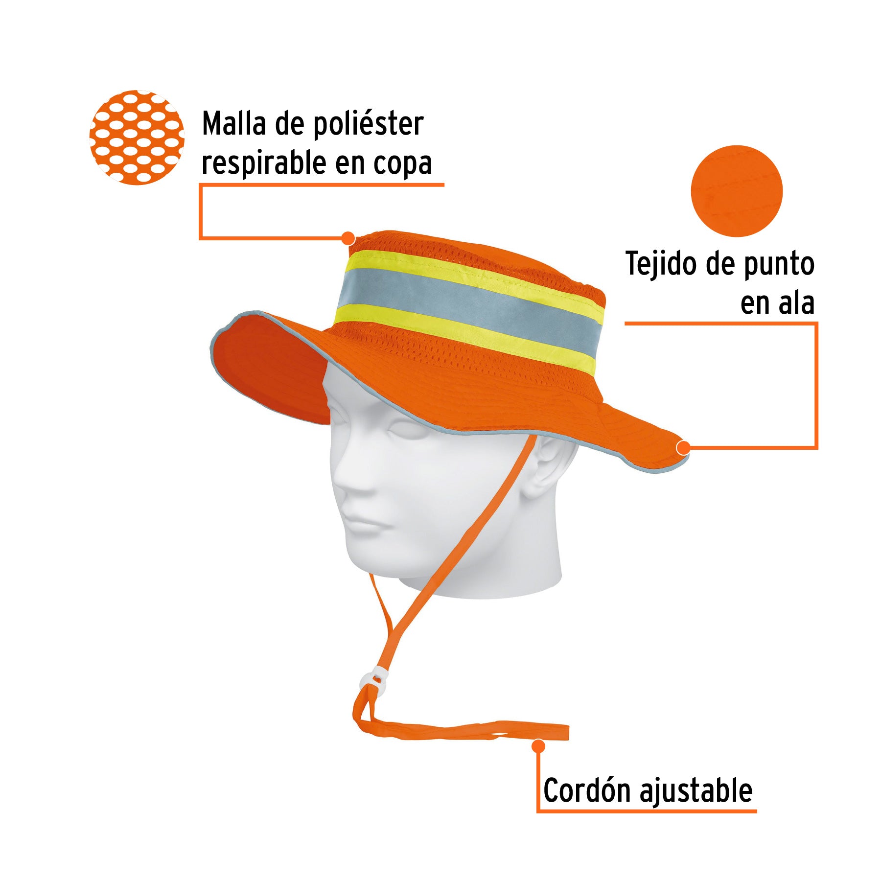 Sombrero alta visibilidad con reflejante, naranja