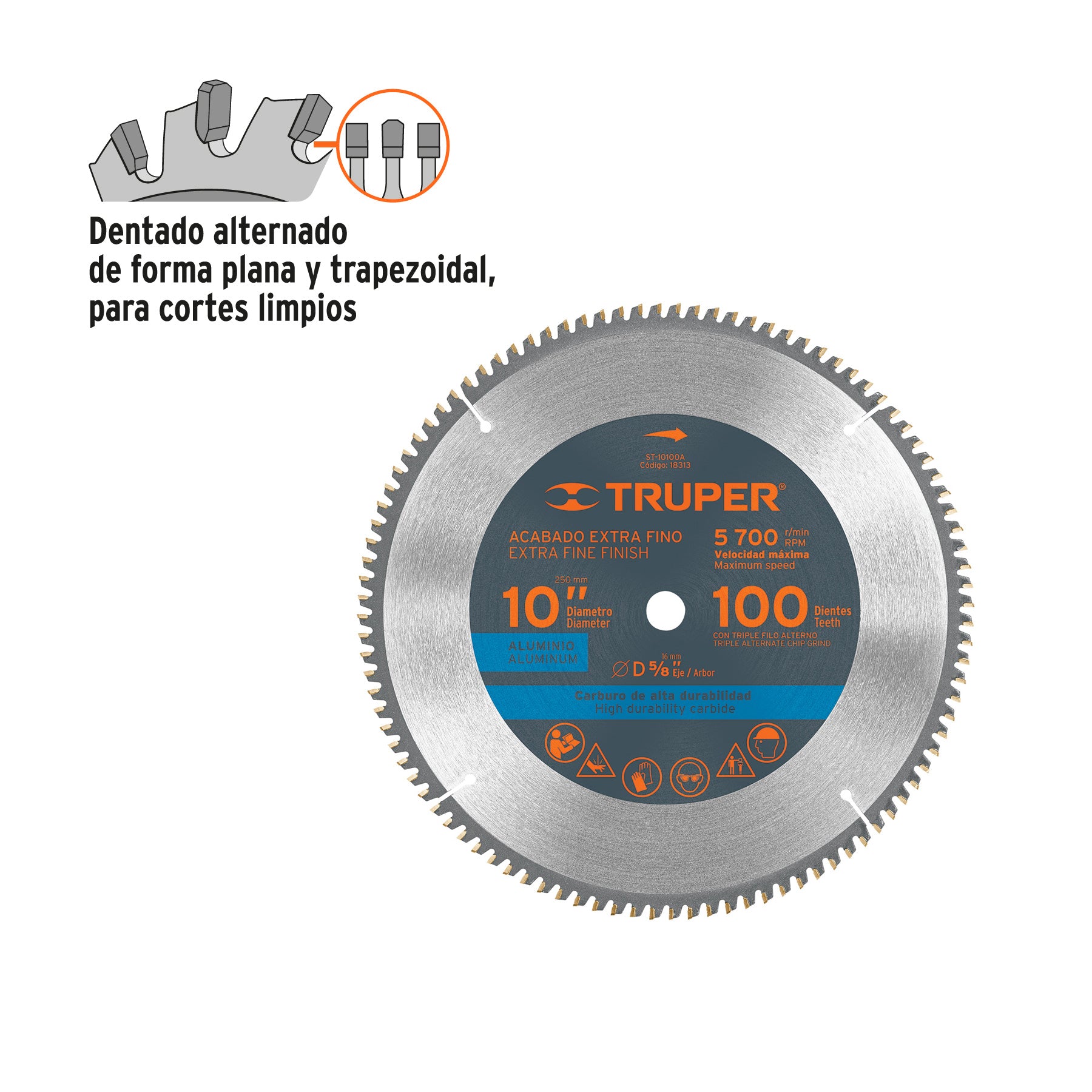 Disco sierra p/aluminio 10", 100 dientes, centro 5/8"