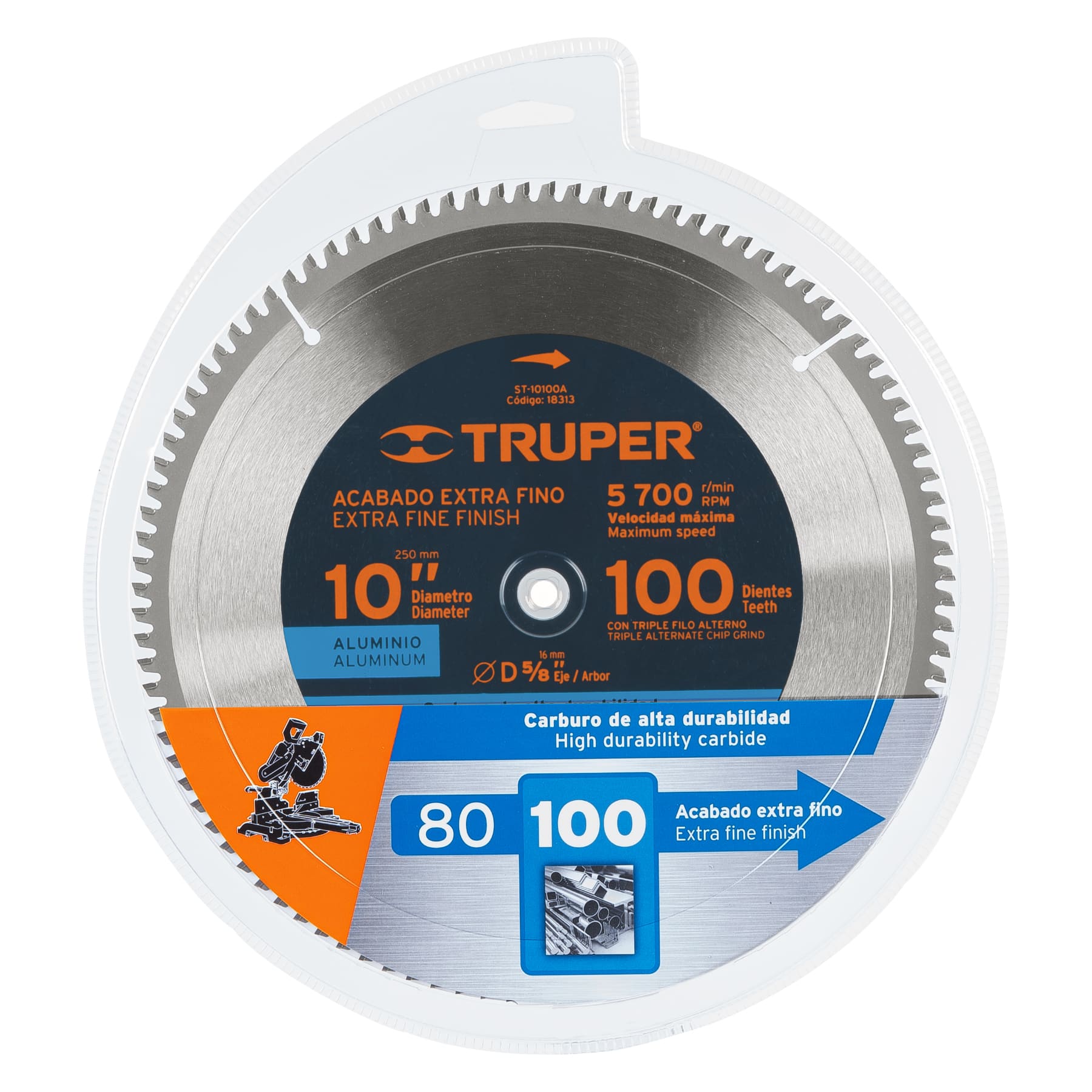 Disco sierra p/aluminio 10", 100 dientes, centro 5/8"