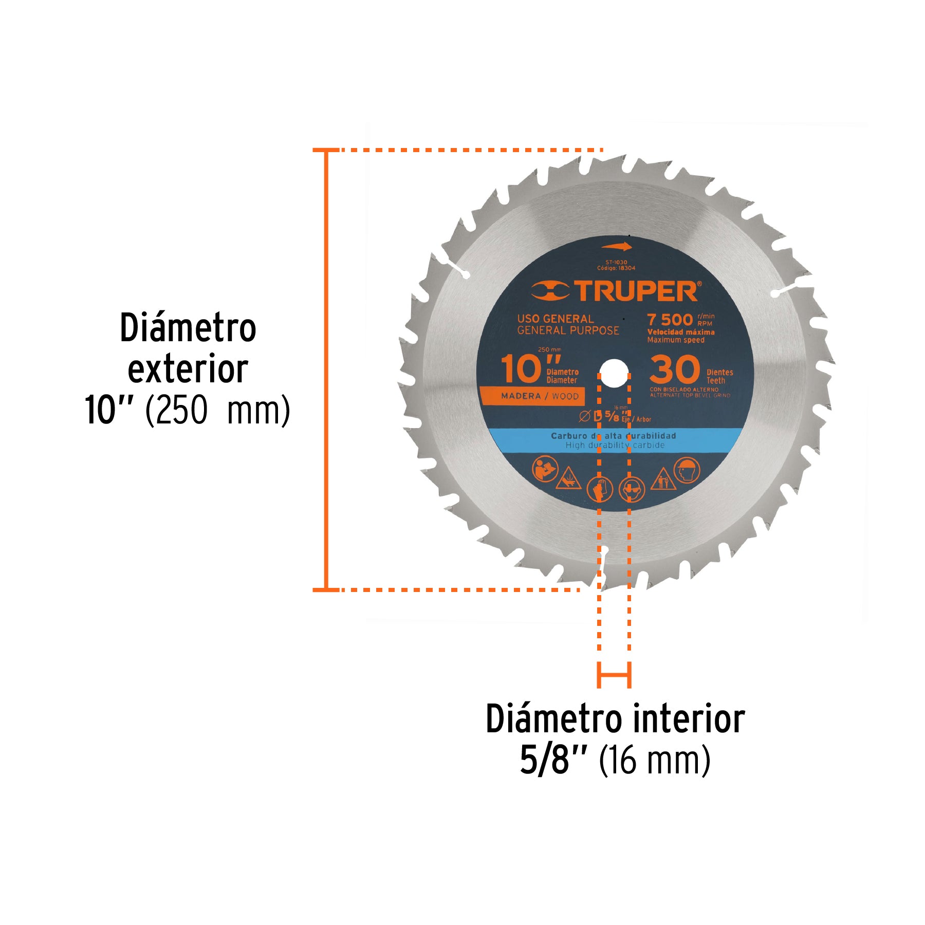 Disco sierra p/madera 10", 30 dientes, centro 5/8"