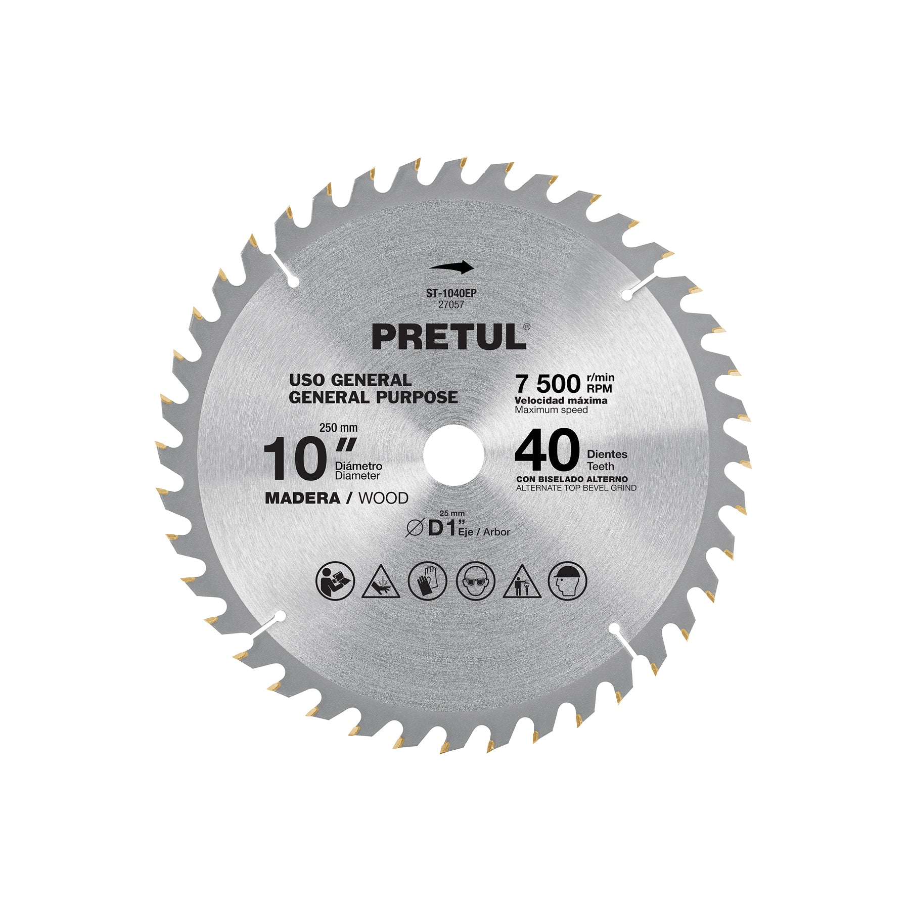 Disco Sierra circular p/madera 10", 40 dientes, centro 1", Pretul