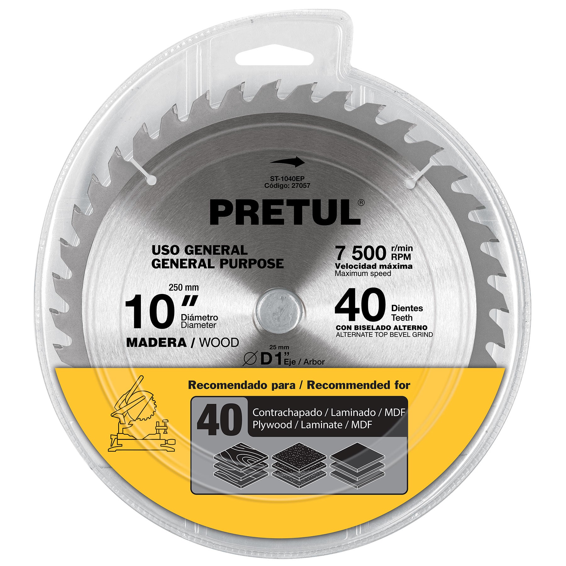 Disco Sierra circular p/madera 10", 40 dientes, centro 1", Pretul