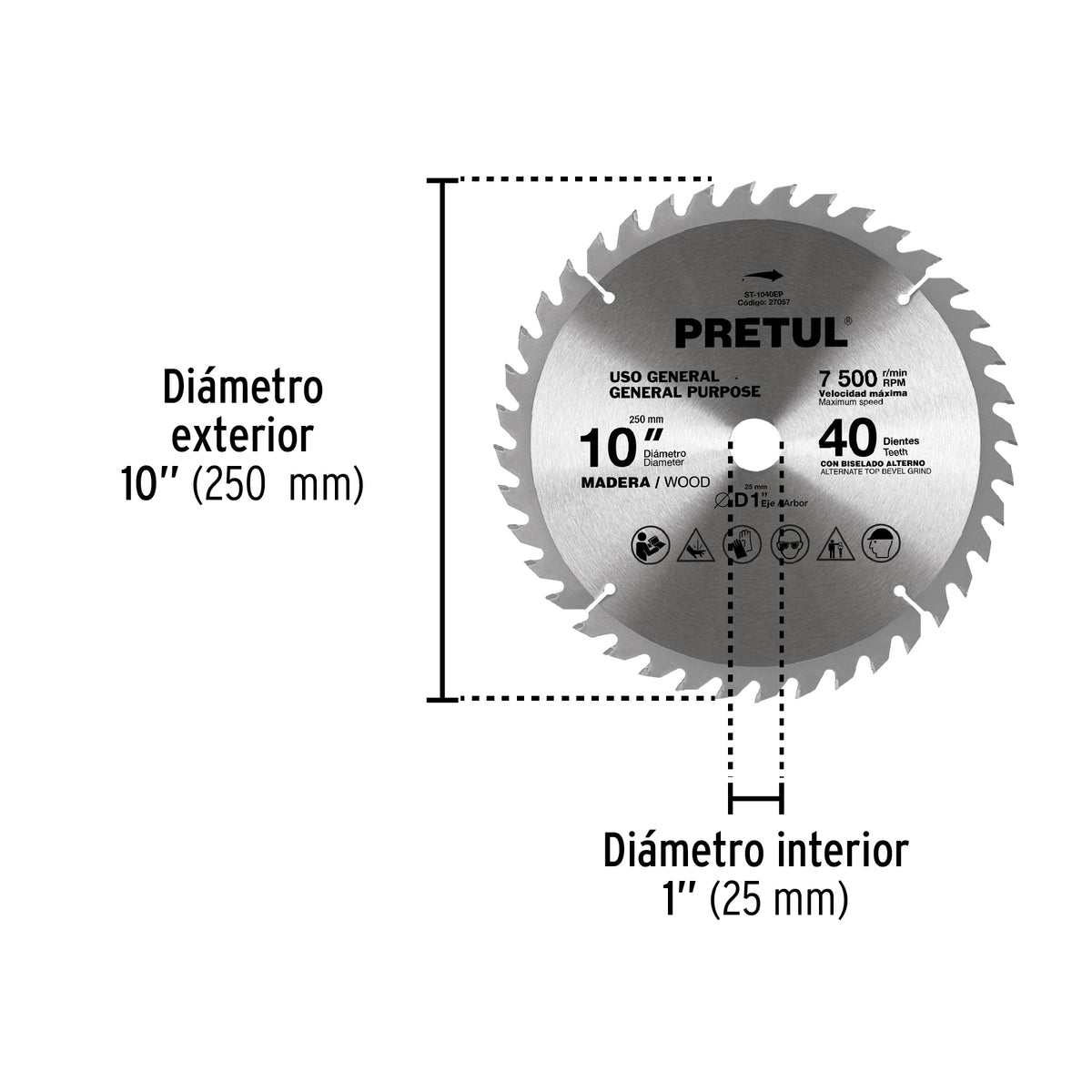 Disco Sierra circular p/madera 10", 40 dientes, centro 1", Pretul