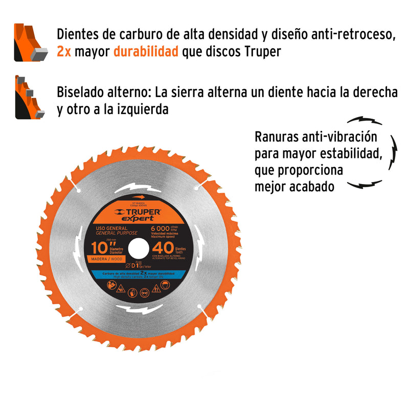 Disco sierra p/madera 10", 40dpp, centro 1", Expert